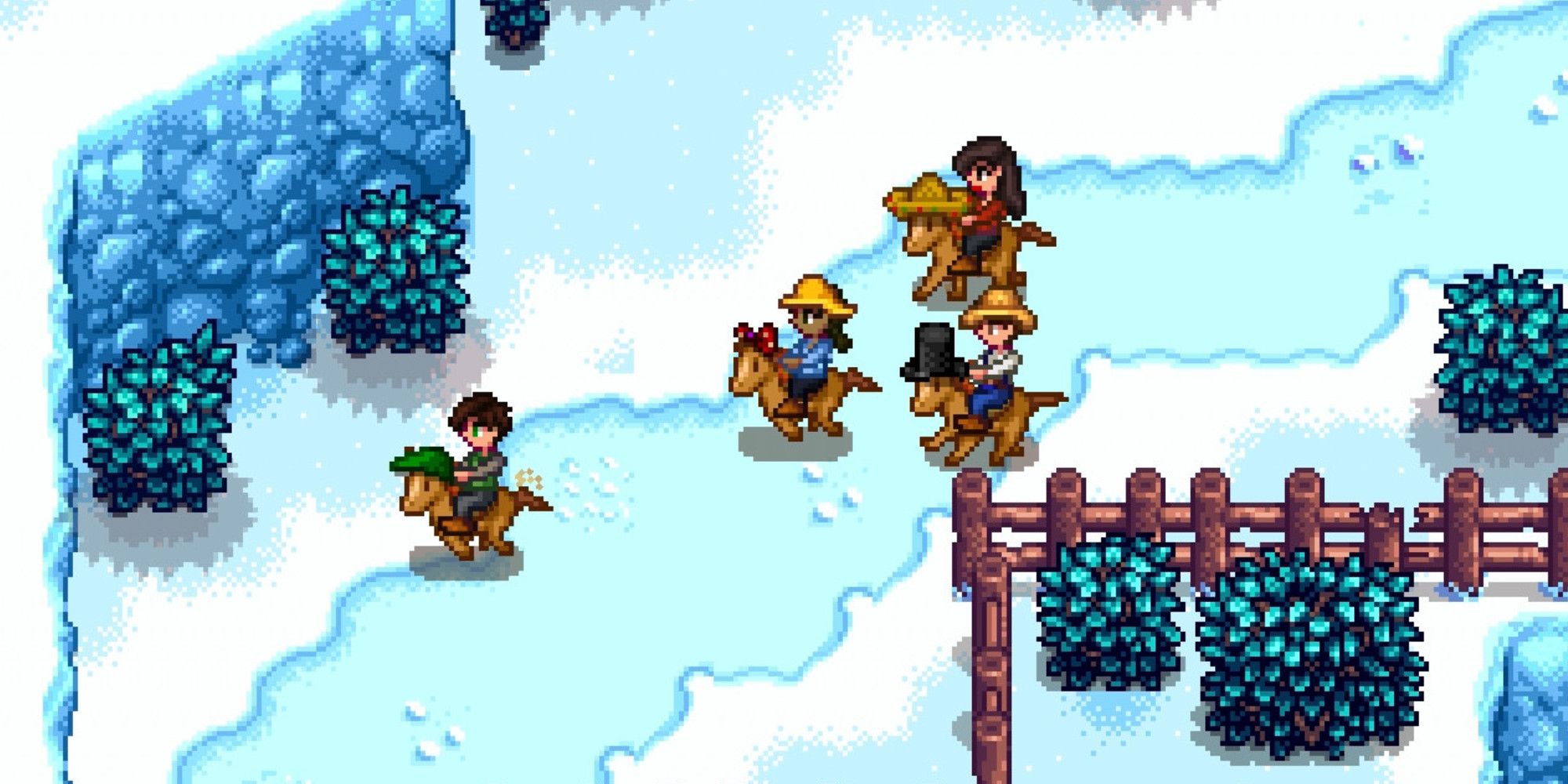 Several Stardew Valley players riding their horses through some snow