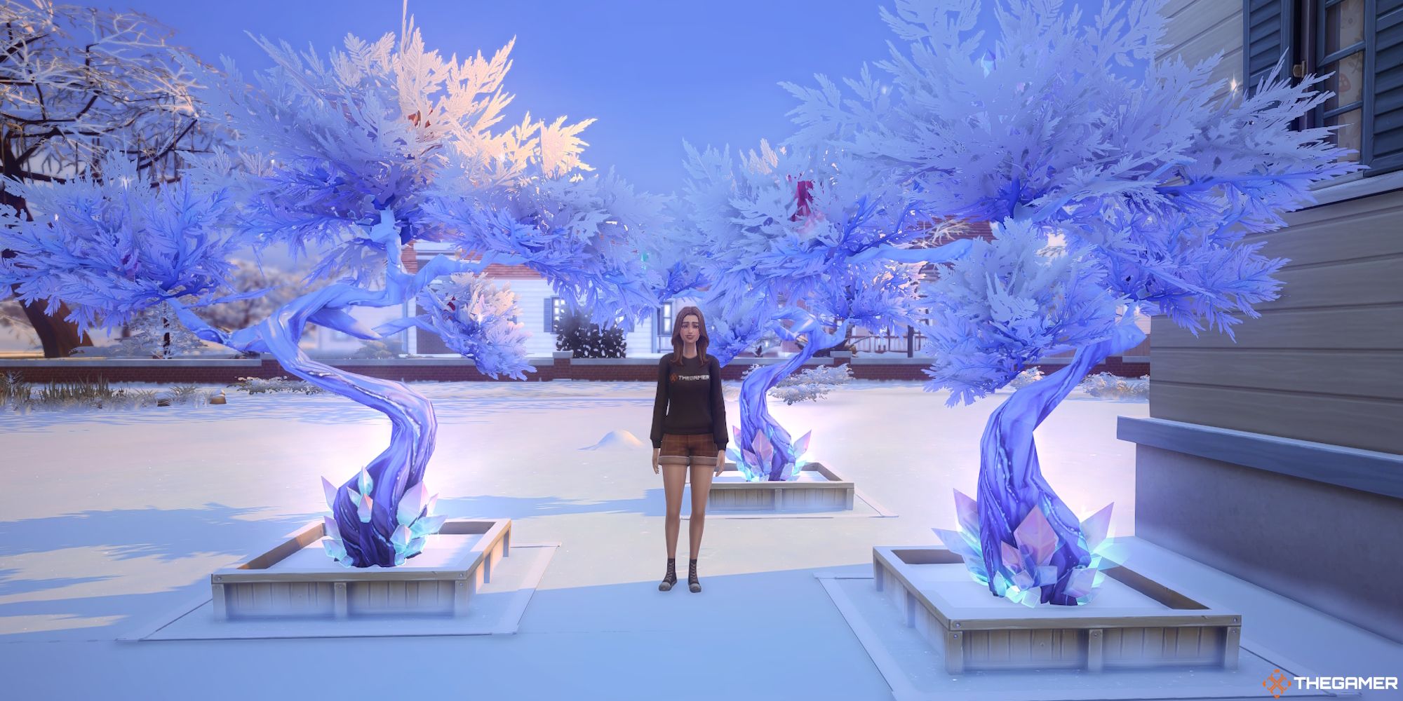 A Sim stands with their Crystal Trees outside