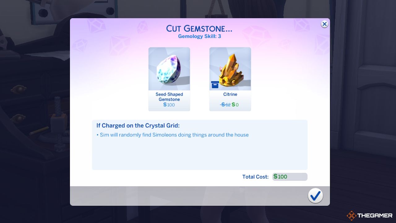 The cut gemstone menu in The Sims 4