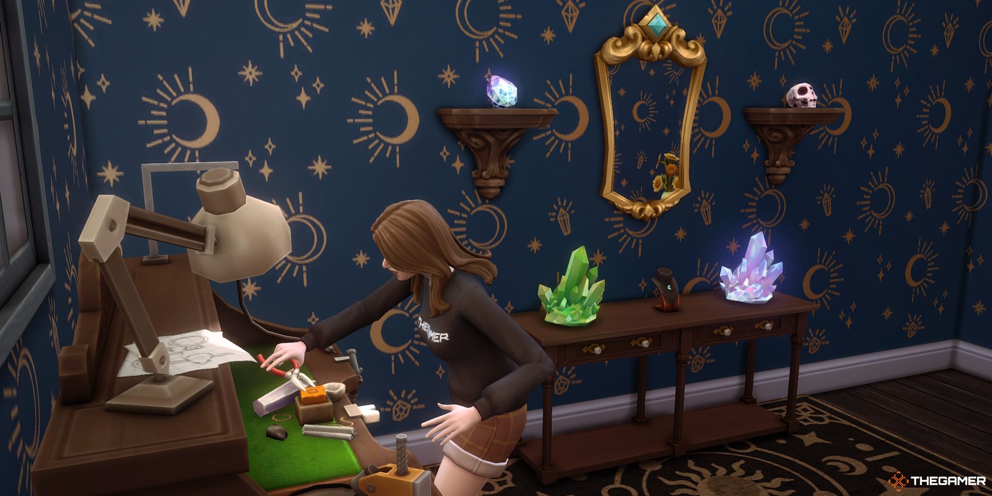 A Sim practices the Gemology skill in their gem room