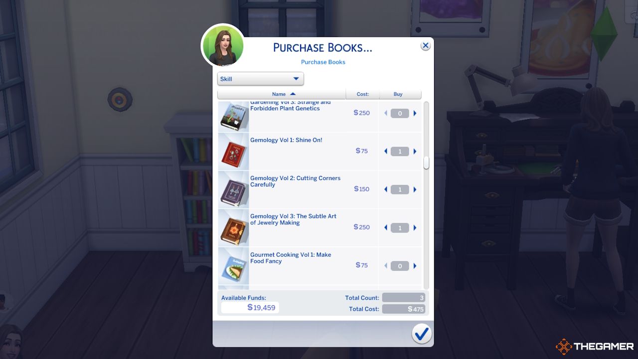 A Sim purchases the Gemology skill books at a bookshelf