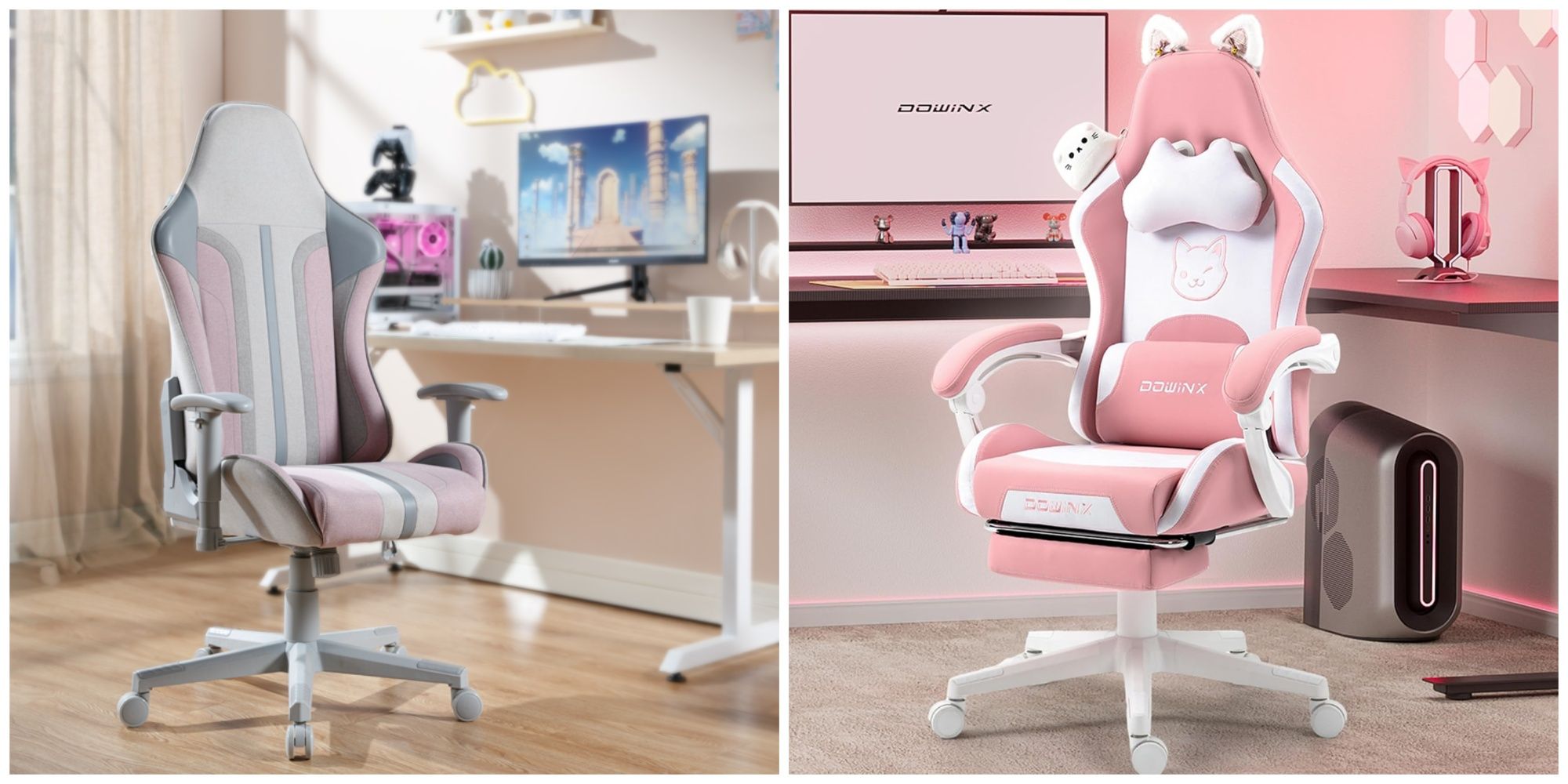 Two petite gaming chairs with a pink theme, an X Rocker on the left and a Dowinx Cat Ears chair on the right.