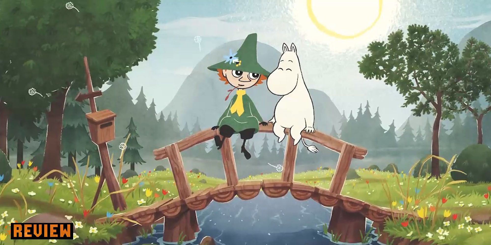 Snufkin and Moomintroll sitting on a bride in Snufkin Melody of Moominvalley