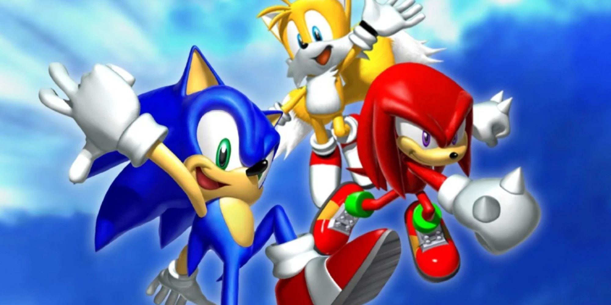 Sonic, Tails, and Knuckles jumping and posing in the air