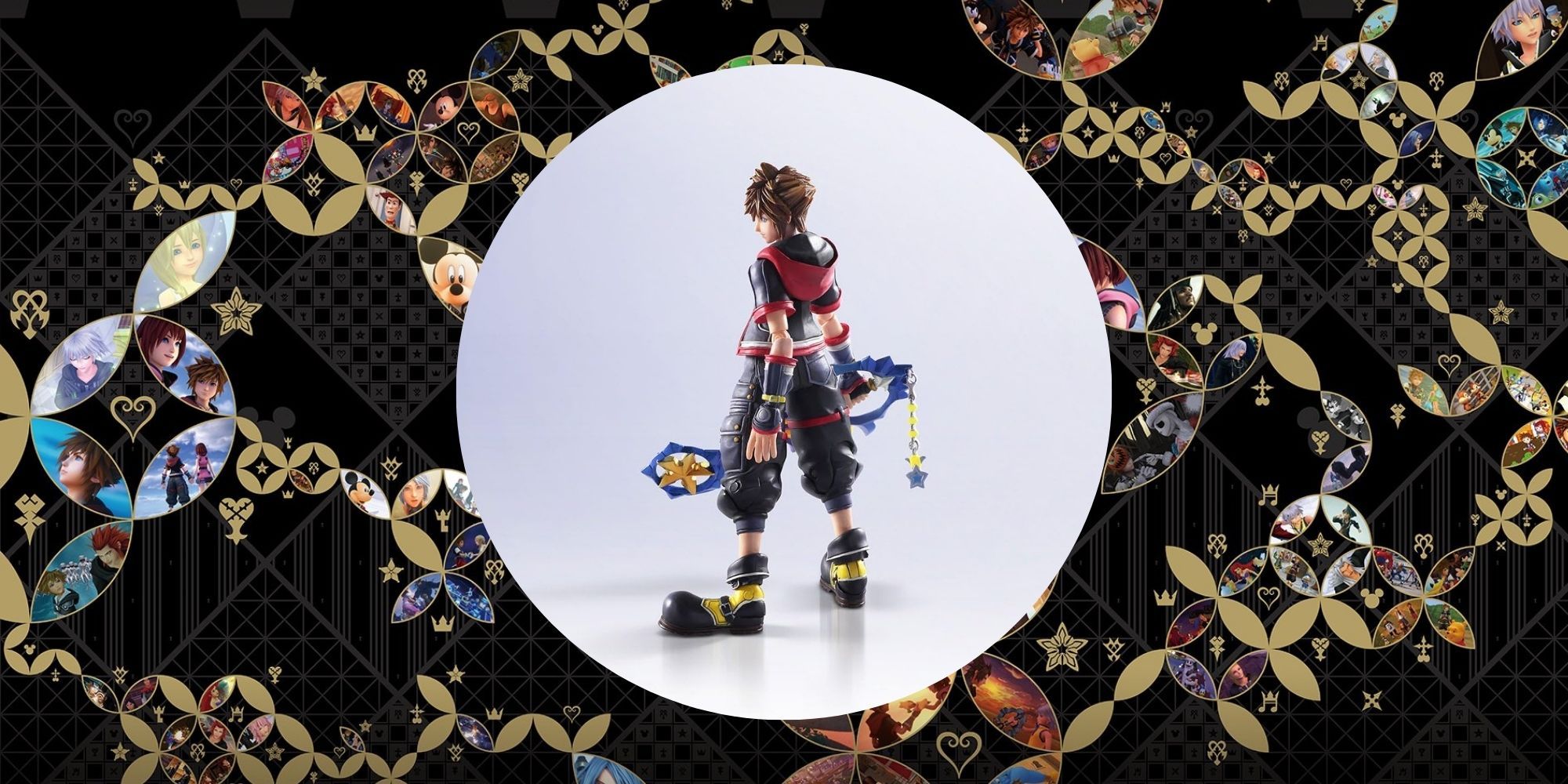Sora Kingdom Hearts 3 Bring Arts figure imposed over Kingdom Hearts anniversary official artwork