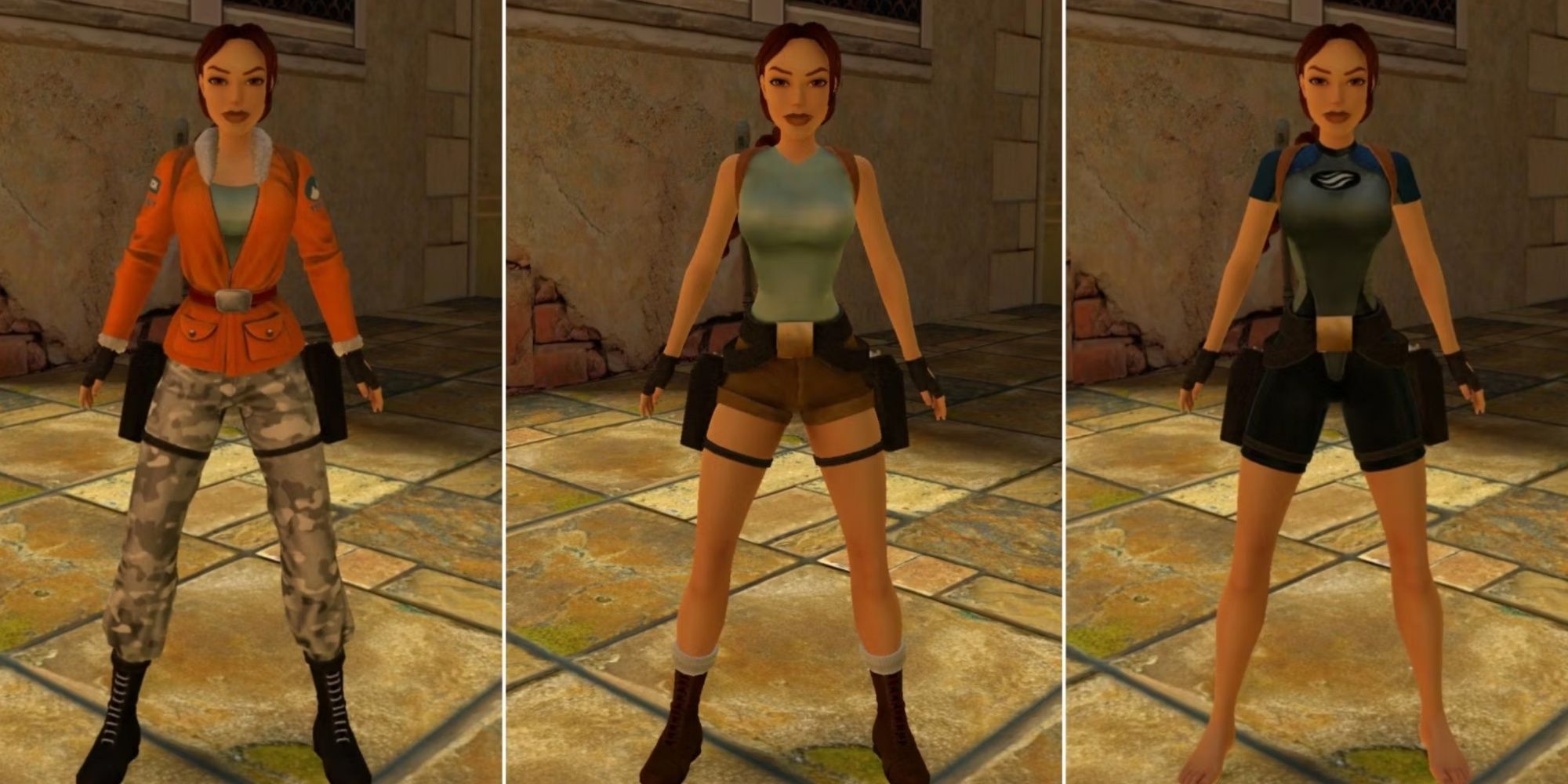 Split image of Lara Croft wearing antarctica, classic 1, and wetsuit outfits in Tomb Raider 1-3 Remastered
