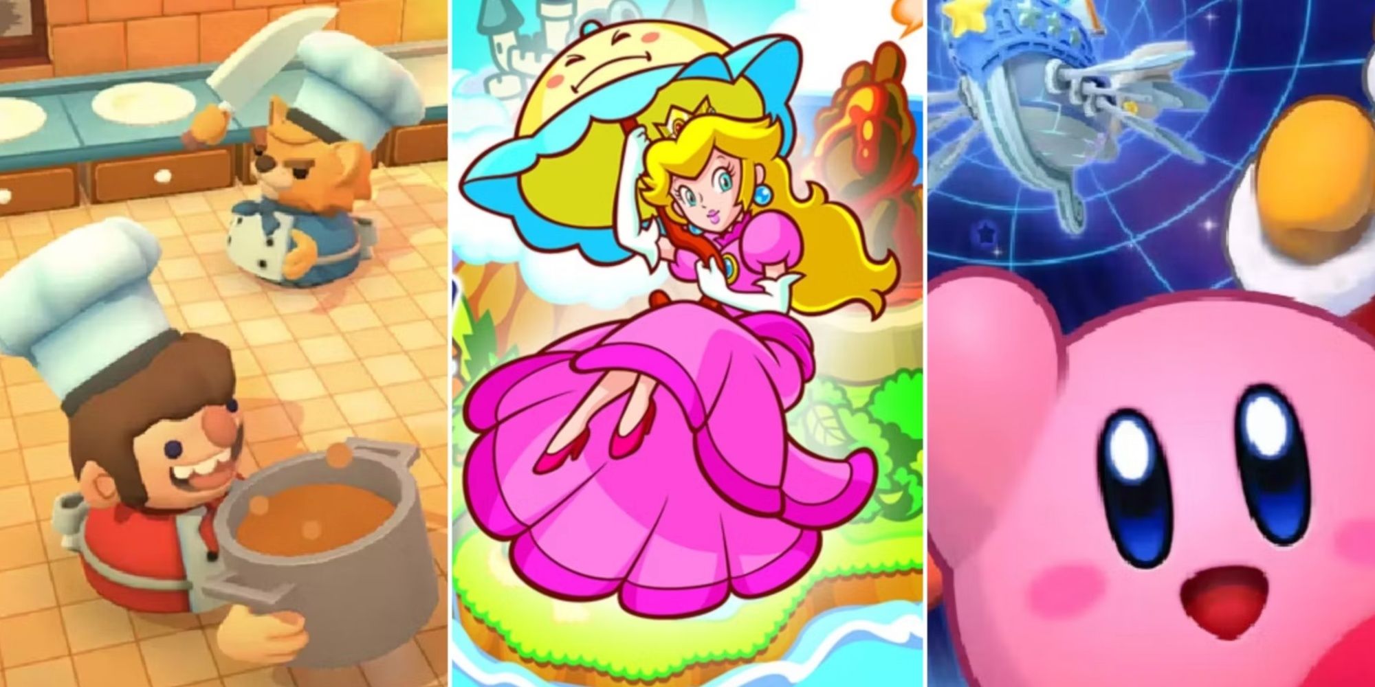 Split image of Overcooked, Super Princess Peach, and Kirby's Return To Dream Land Deluxe