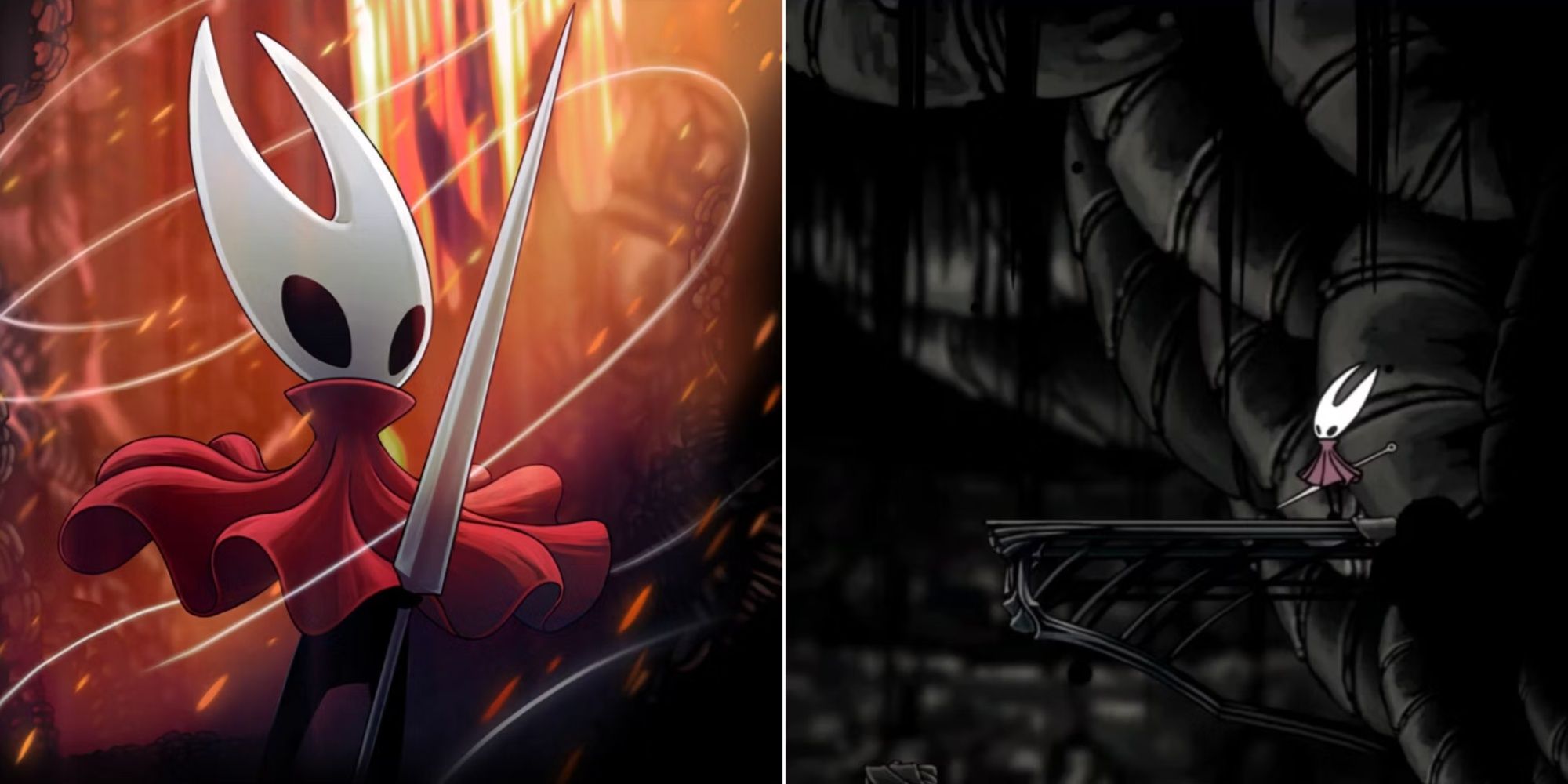 Split images of a close-up of Hornet in official art and Hornet standing on a ledge in Hollow Knight.