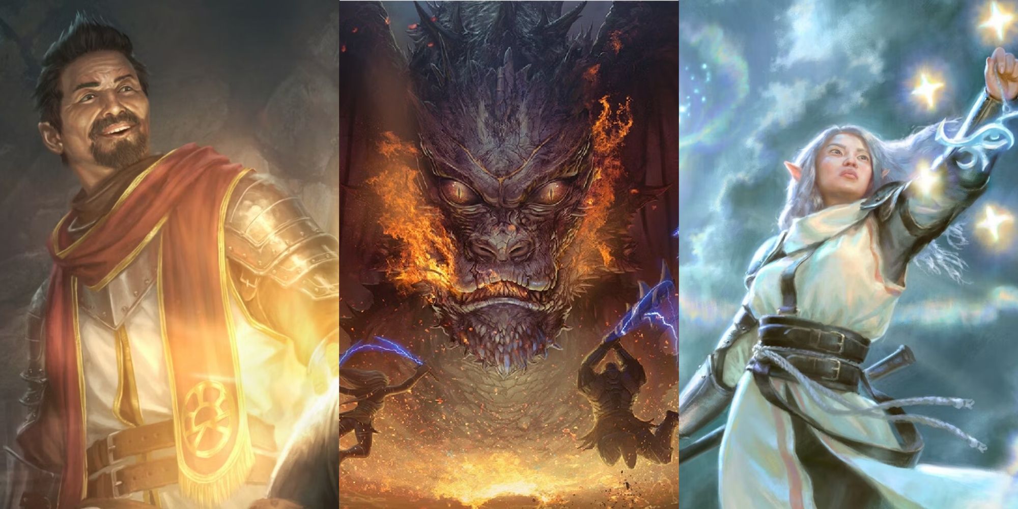 Split images of clerics either side of a dragon in DnD art.