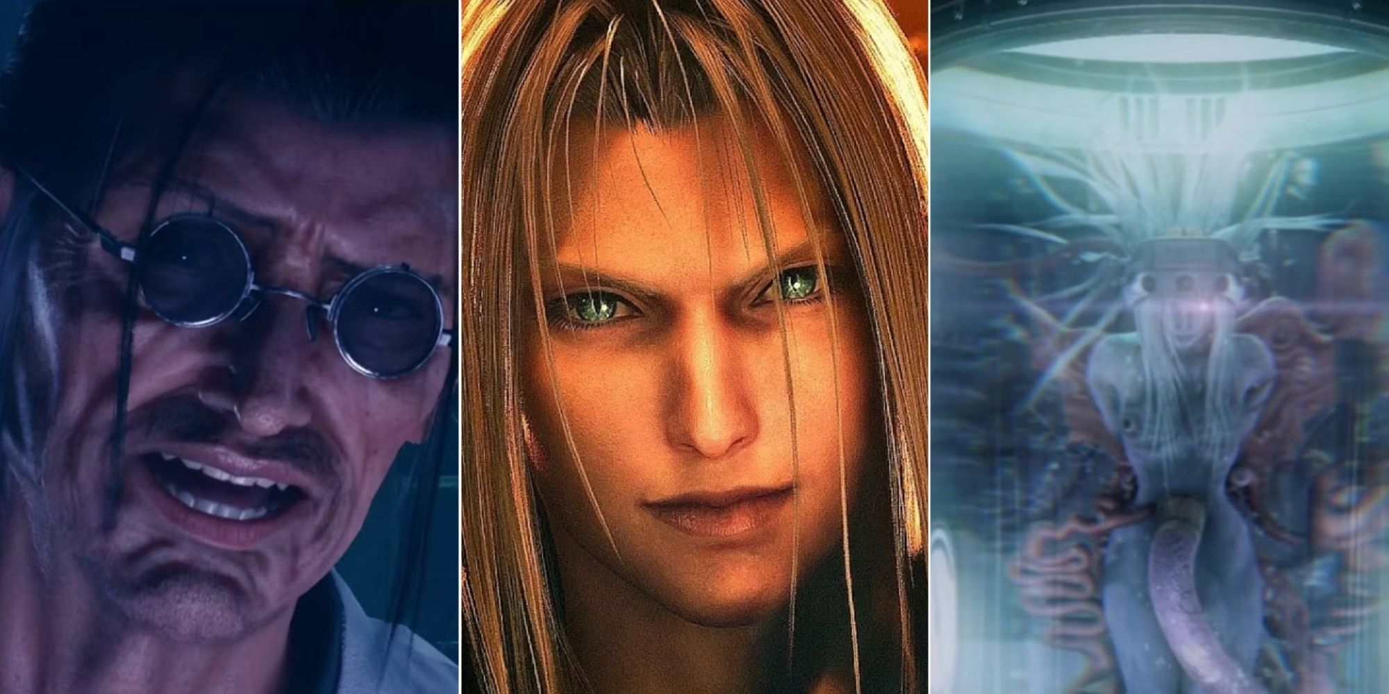 Split images of Professor Hojo, Sephiroth, and Jenova in Final Fantasy 7
