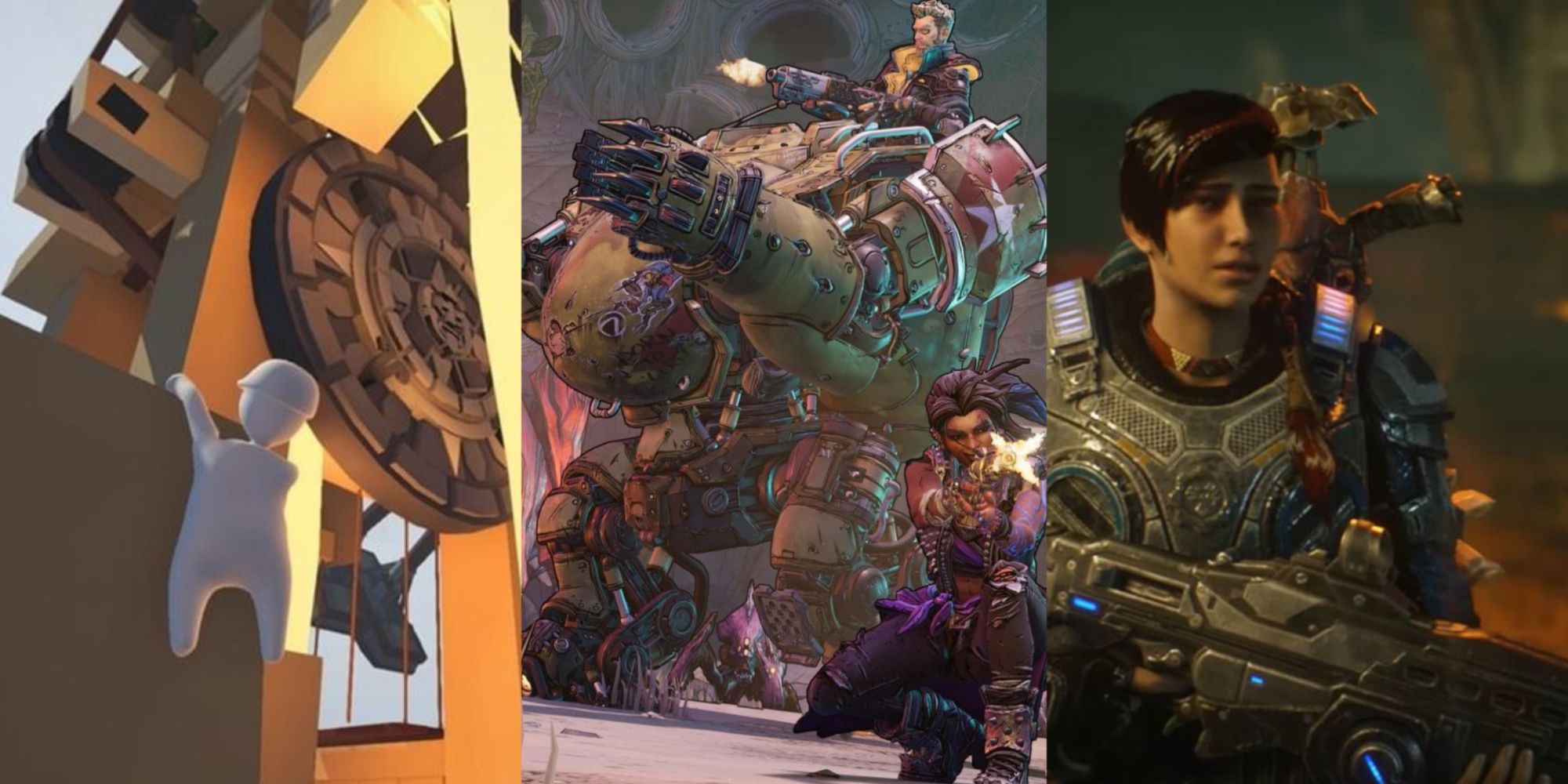 Split-Screen Multiplayer Games On Xbox Series XS Featured Split Image Human Fall Flat, Borderlands, and Gears 5