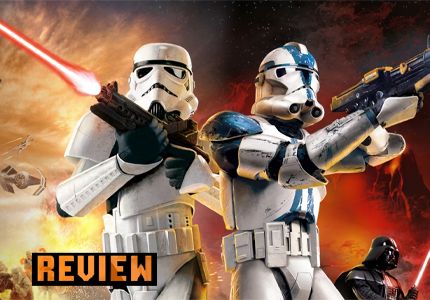 Star Wars stormtrooper and 501st Clone shooting on the cover of the Battlefront Classic Collection with Review in the corner thumbnail