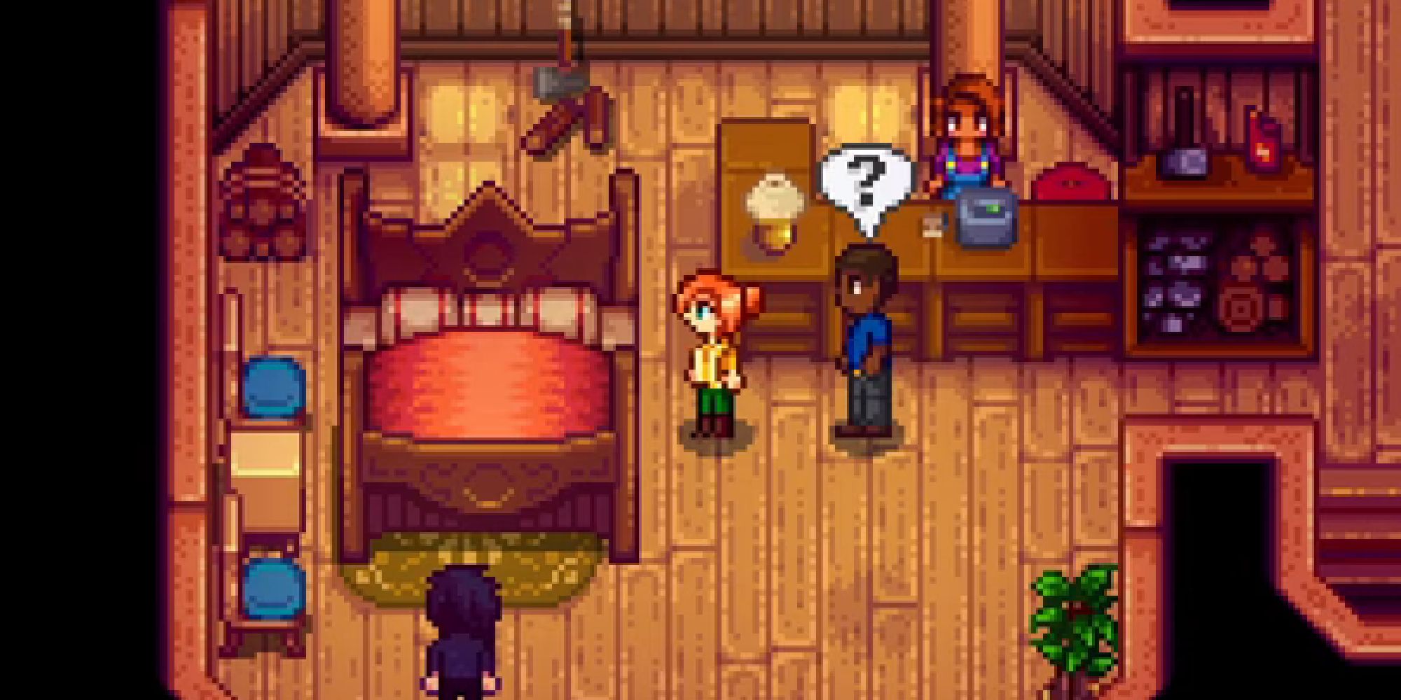 stardew robin and her family looking at a bed