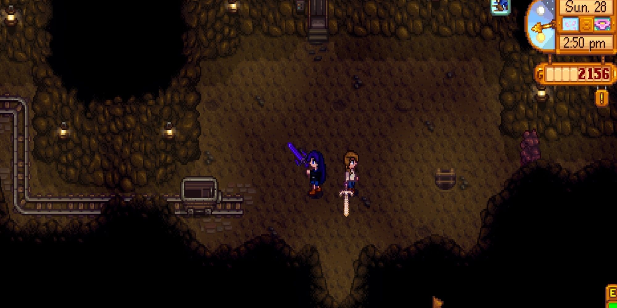 Two players, opposite each other, swinging their swords in the Stardew mines.