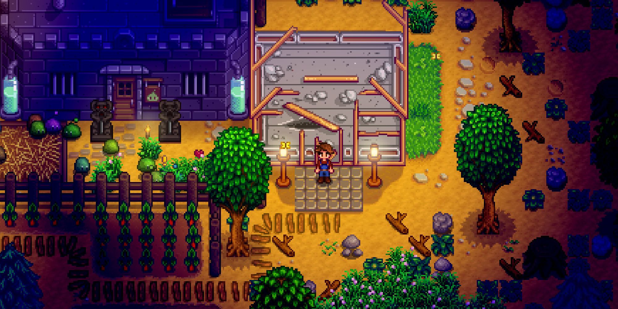 stardew valley farm with player standing near broken greenhouse at night