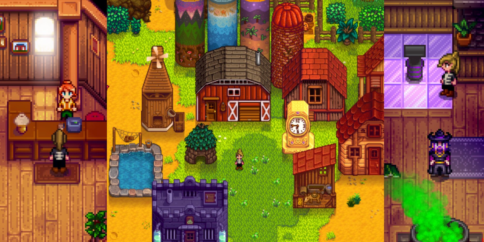 Stardew Valley featured image, with the farmer at Robin's shop and in the Wizard's Tower along with dozens of buildings on a farm-1