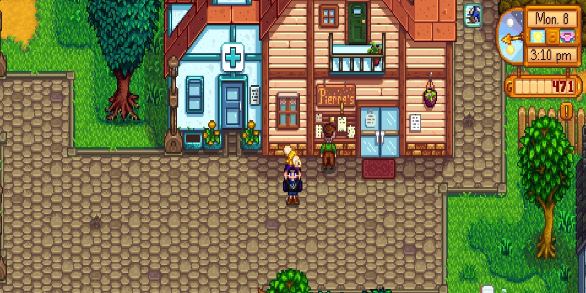 Farmer holding up a scroll in front of Pierre's shop in Stardew Valley