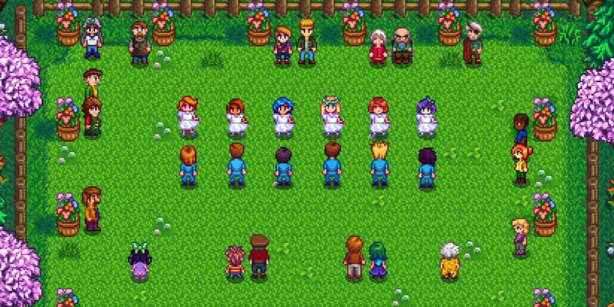 An image from Stardew Valley of the Flower Dance, where the entire town gets together to dance in a field.