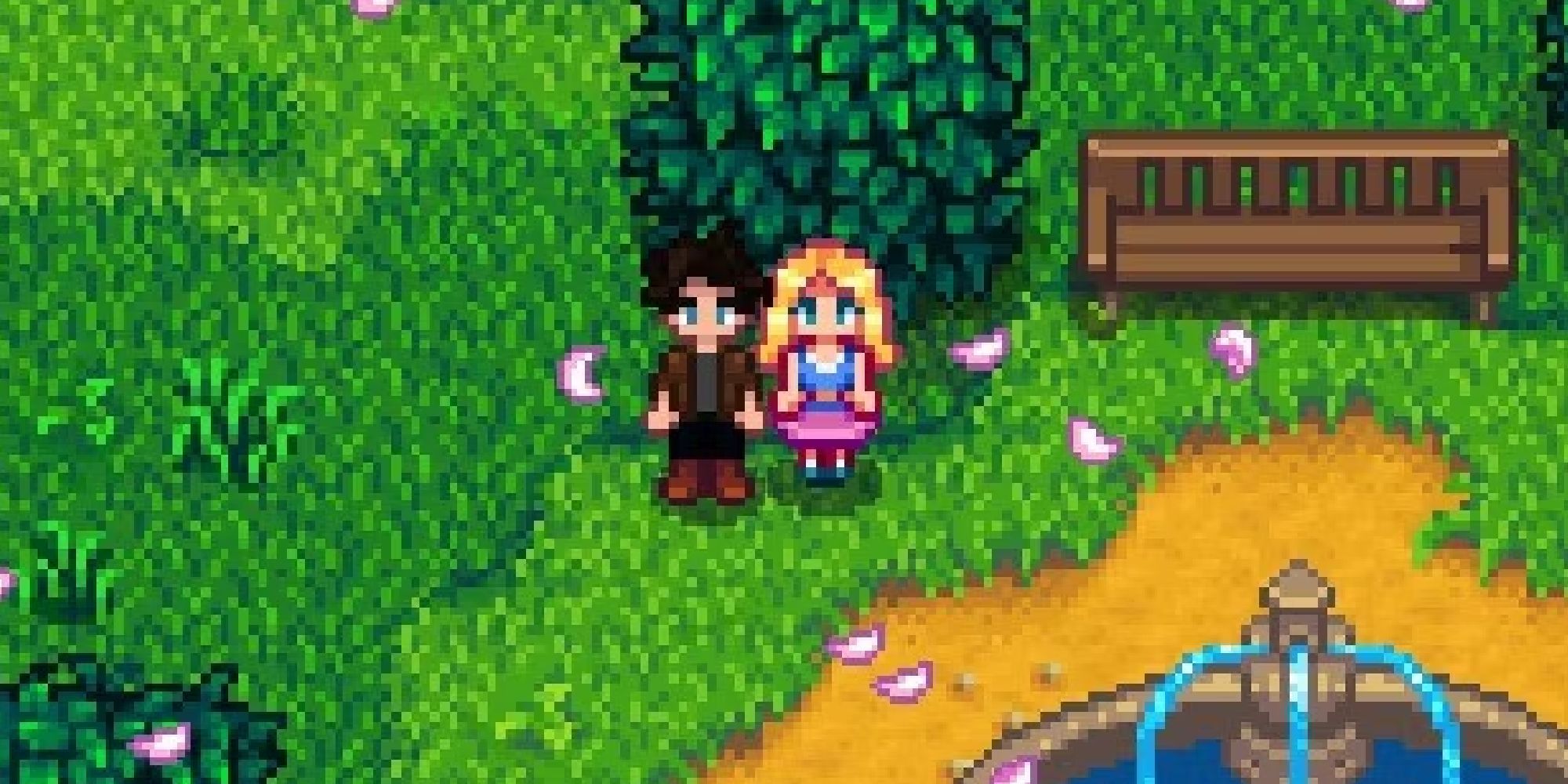 stardew valley haley and player near water fountain