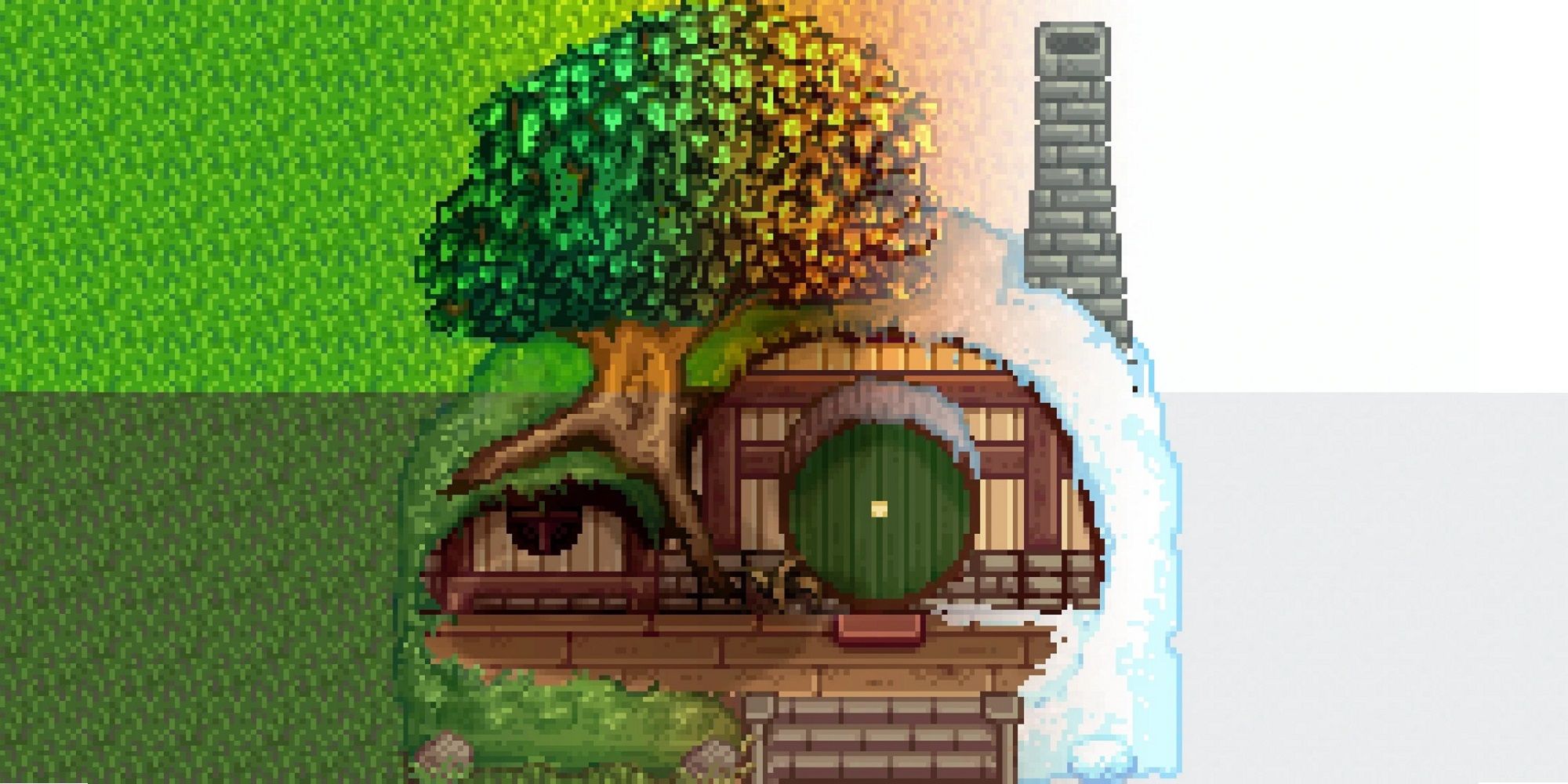 stardew valley hobbit hole mod showing a hobbit hole in all seasons
