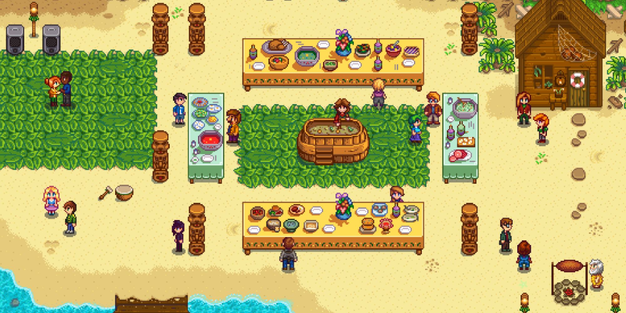 An image of the Luau event in Stardew Valley, where the entire town gathers at the beach for a feast.