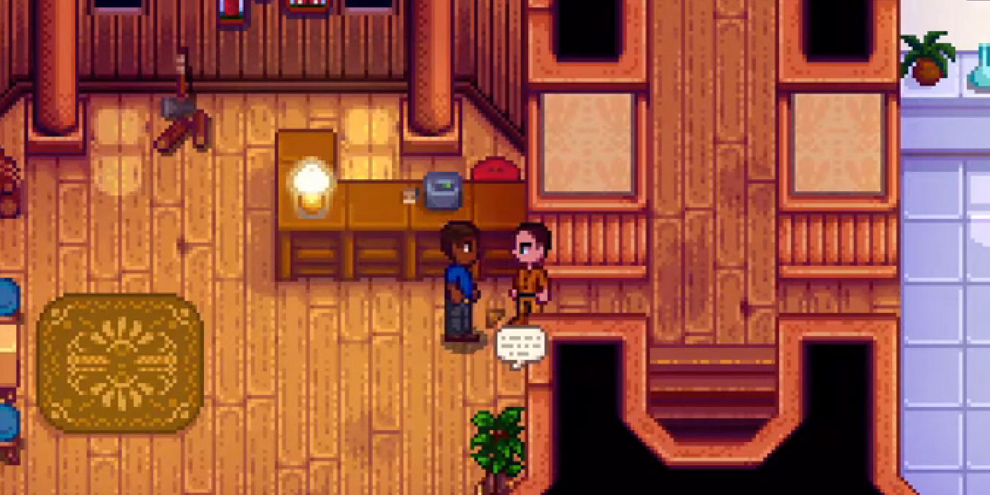 stardew valley player and Demetrius looking at each other