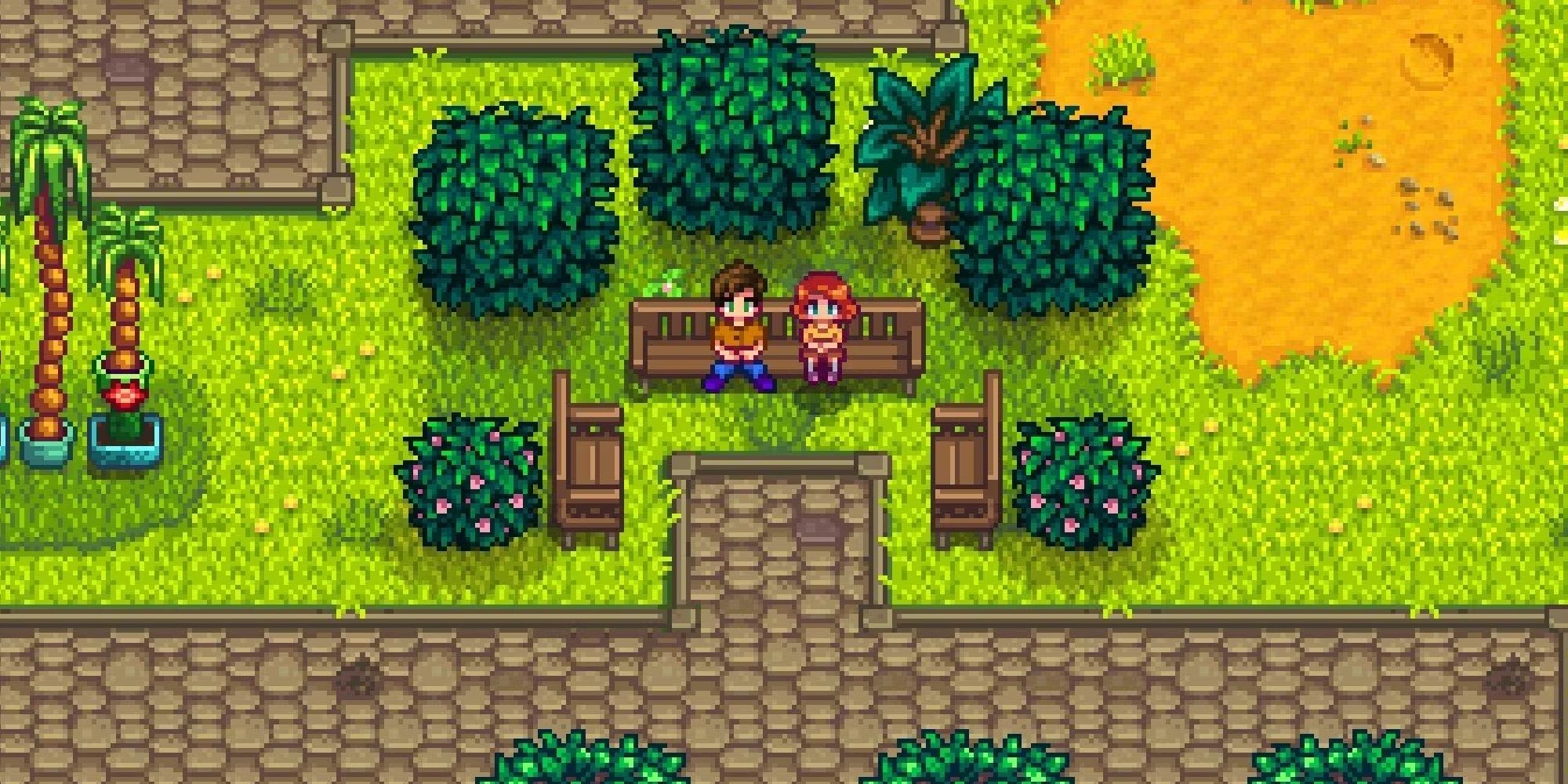 stardew valley player and penny sitting on a bench together