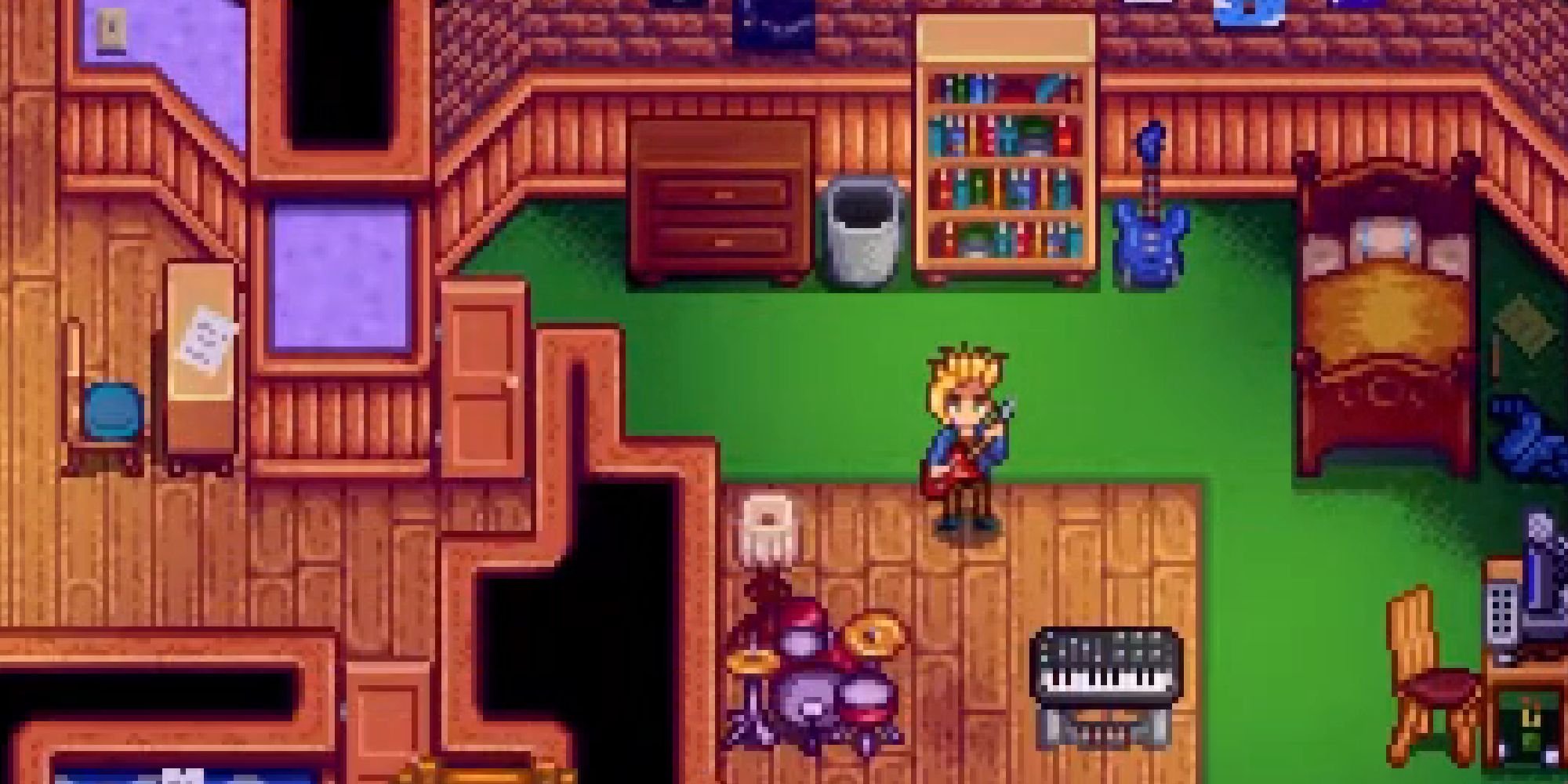 stardew valley sam playing guitar in room