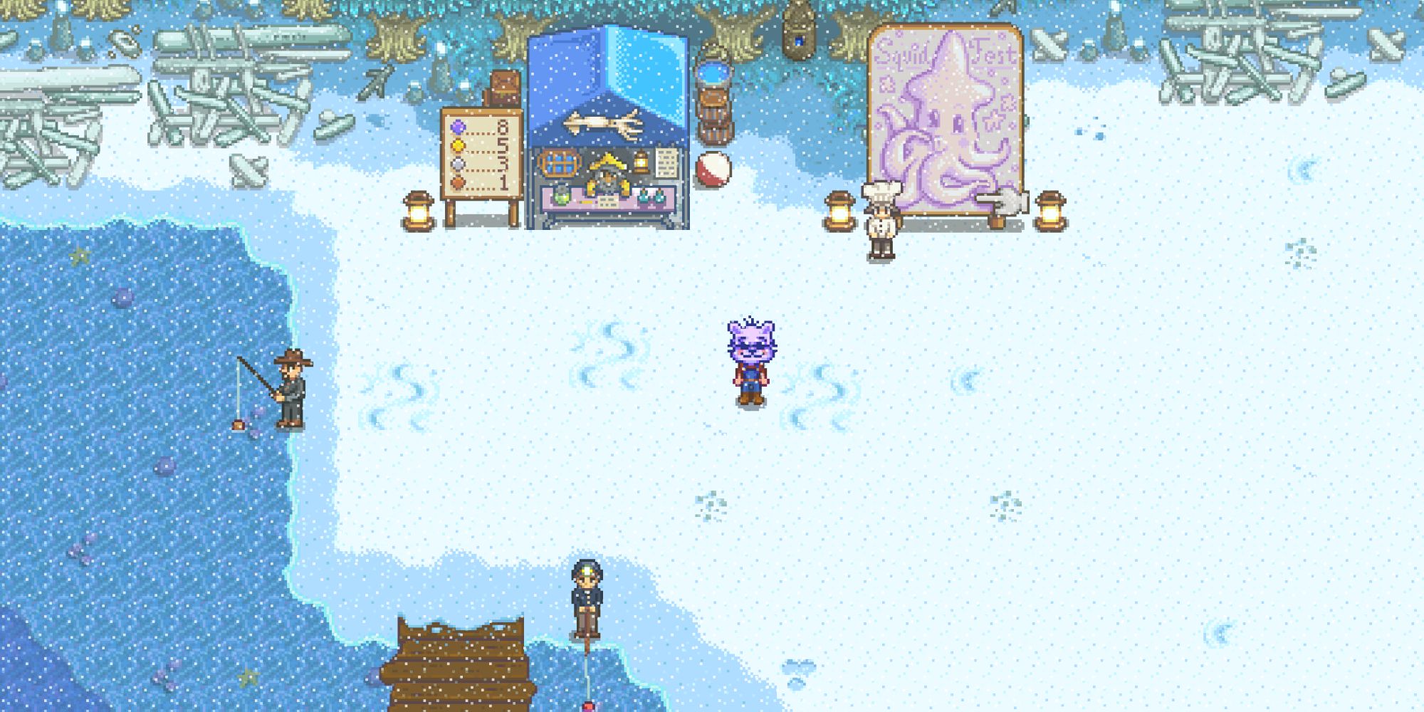 An image from a new fishing event in Stardew Valley called Squidfest. This event takes place over two days and requires you to catch 8 and 10 squid per day for rewards.