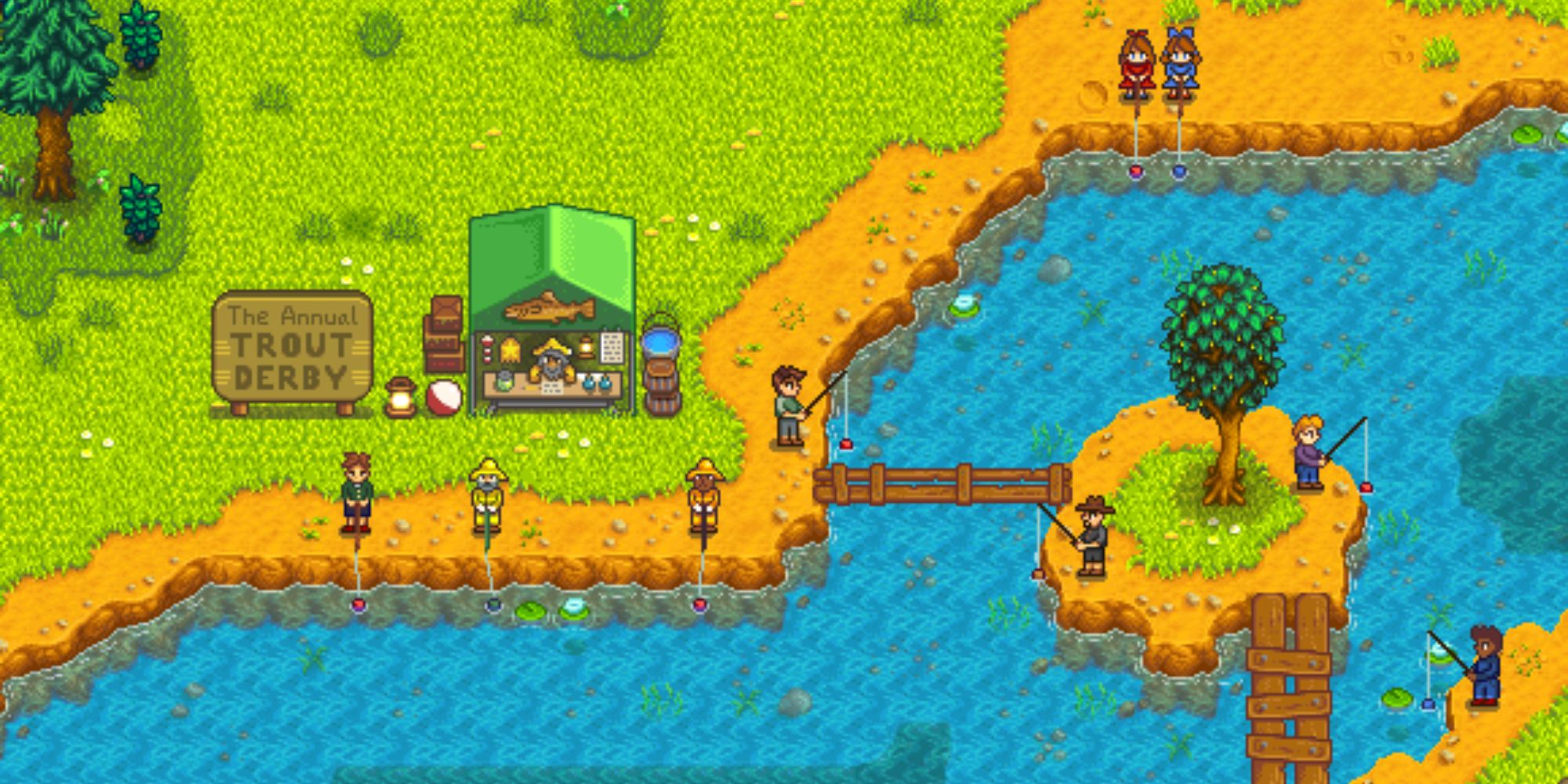 An image from Stardew Valley of the Trout Derby Event, which requires you to catch Rainbow Trout with special tags on them in exchange for prizes.