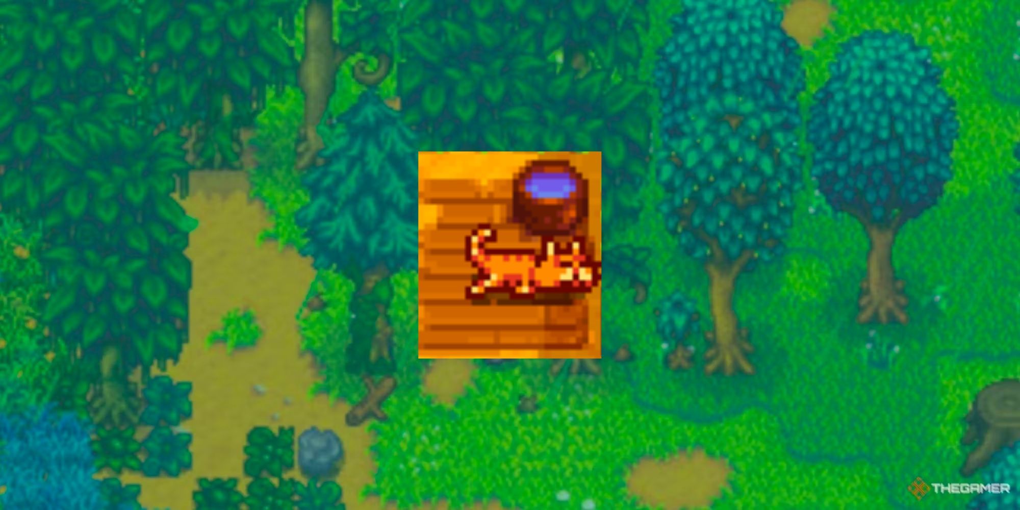 A cat lying around a pet bowl in Stardew Valley.