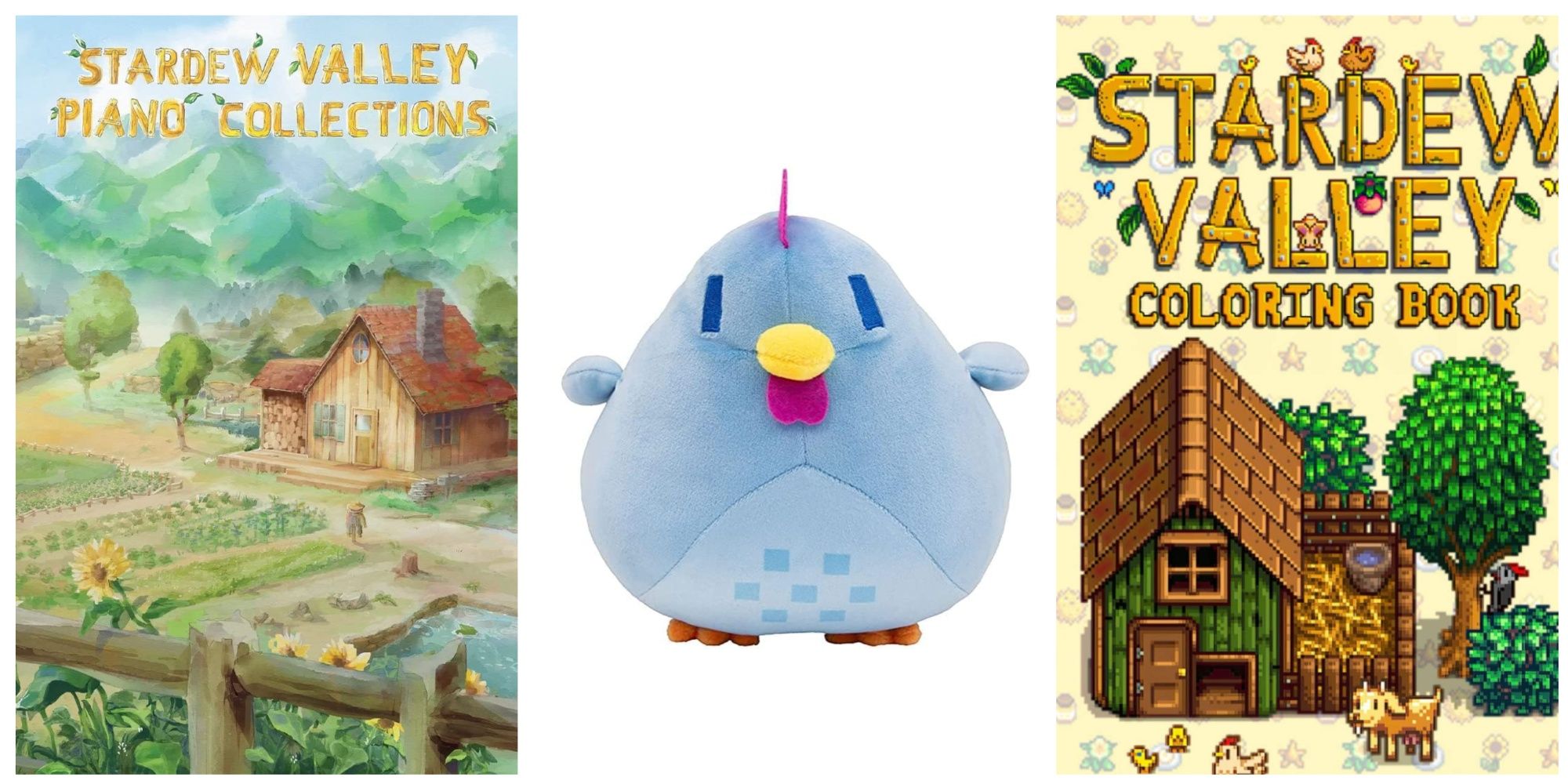 Three Stardew Valley merch pieces: the Piano Sheet Music collection, the OZIF blue chicken, and Yoichi Ito's coloring book.