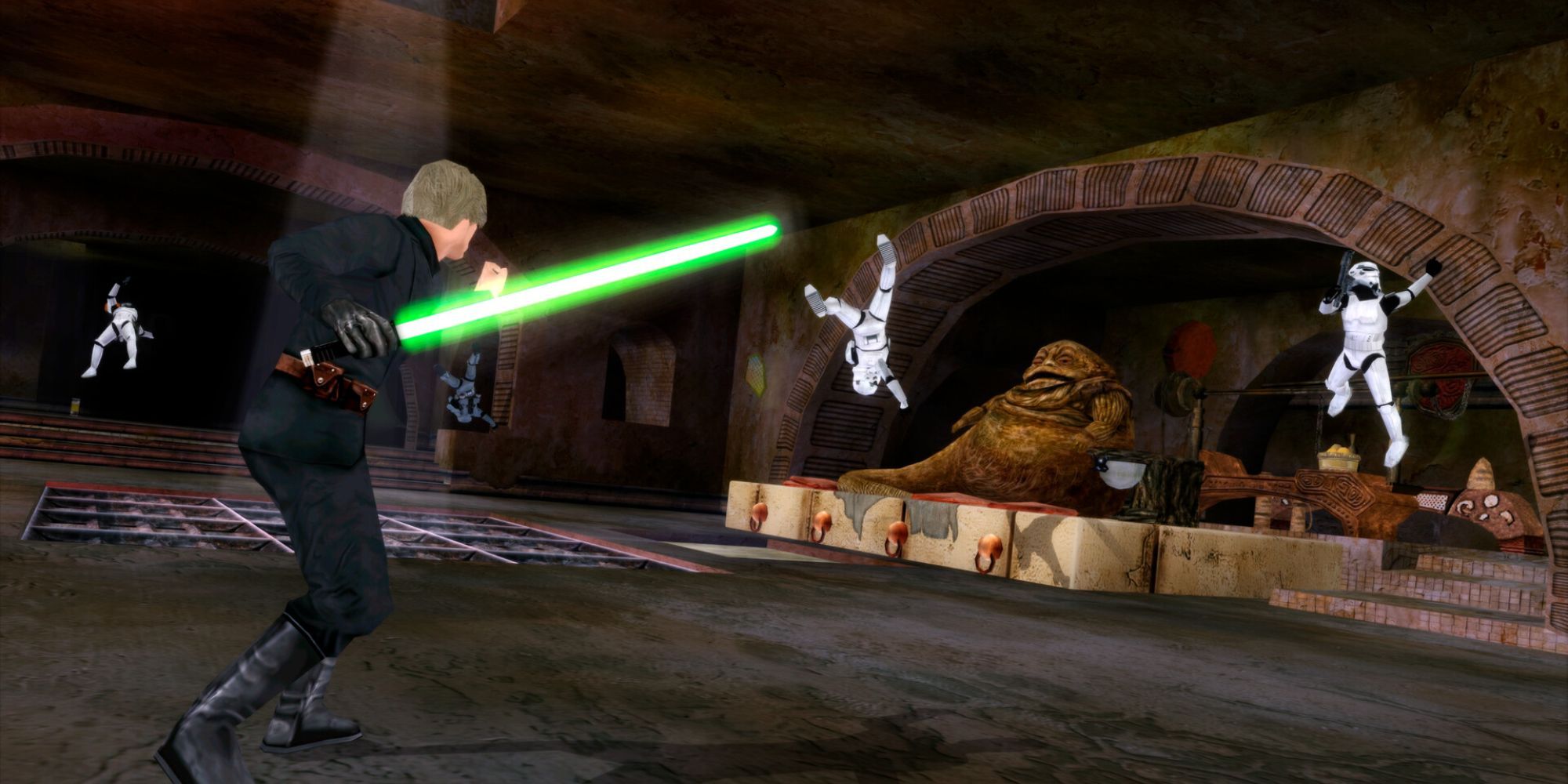 Luke Skywalker pushing Stormtroopers on Jabba's Palace in Battlefront 2.