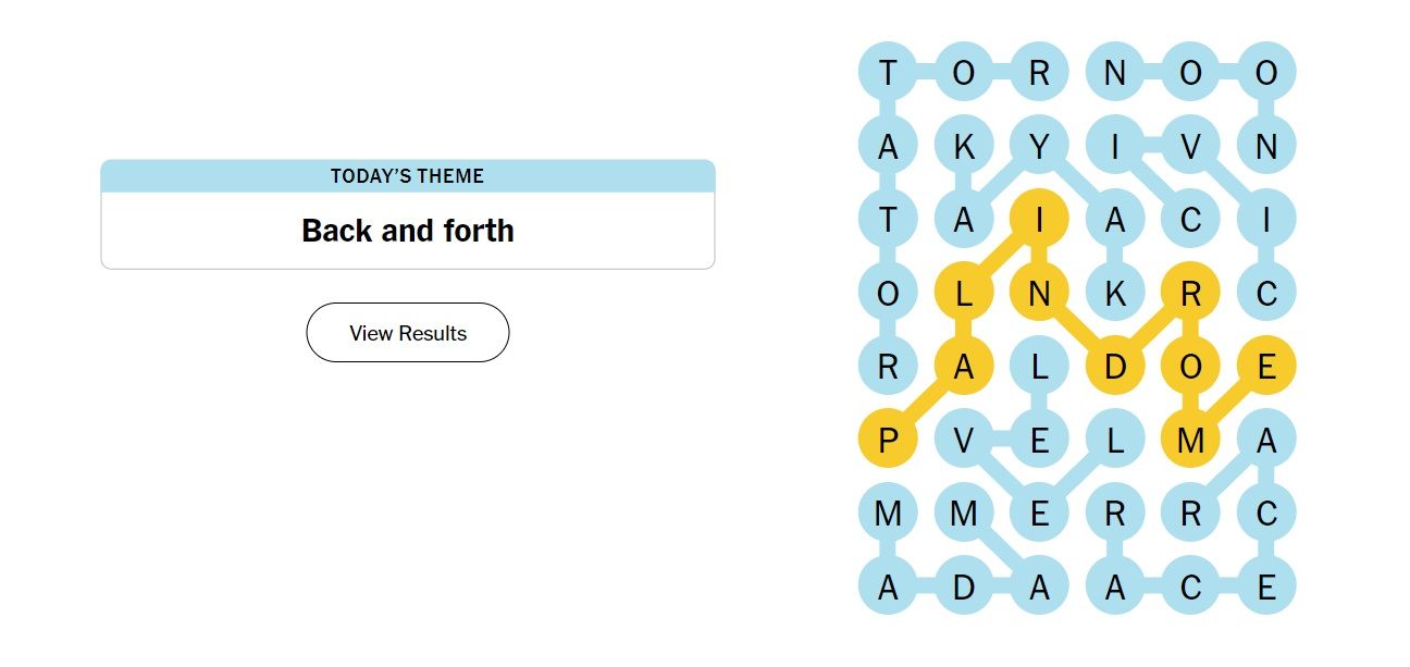 Strands puzzle from March 20, 2024 - featuring connecting words and today&rsquo;s theme of &ldquo;back and forth&rdquo;.