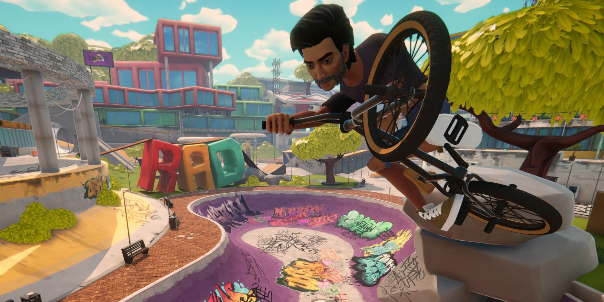 Streetdog BMX campus level with a guy on a bike soaring above a swimming pool, with the colorful word RAD in the background