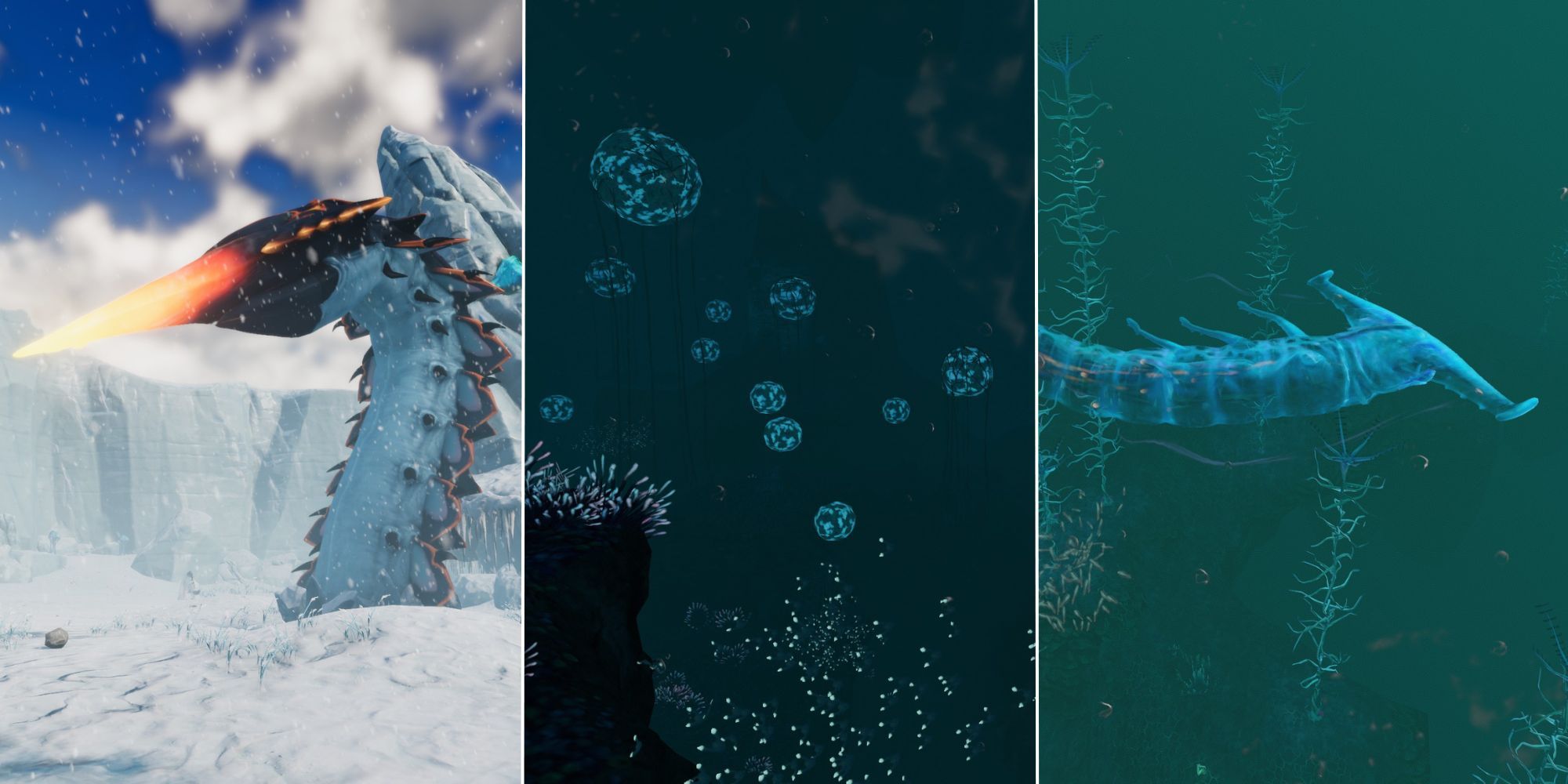 Subnautica  Split image of an Ice Worm, the Deep Grand Reef, and a Ghost Leviathan