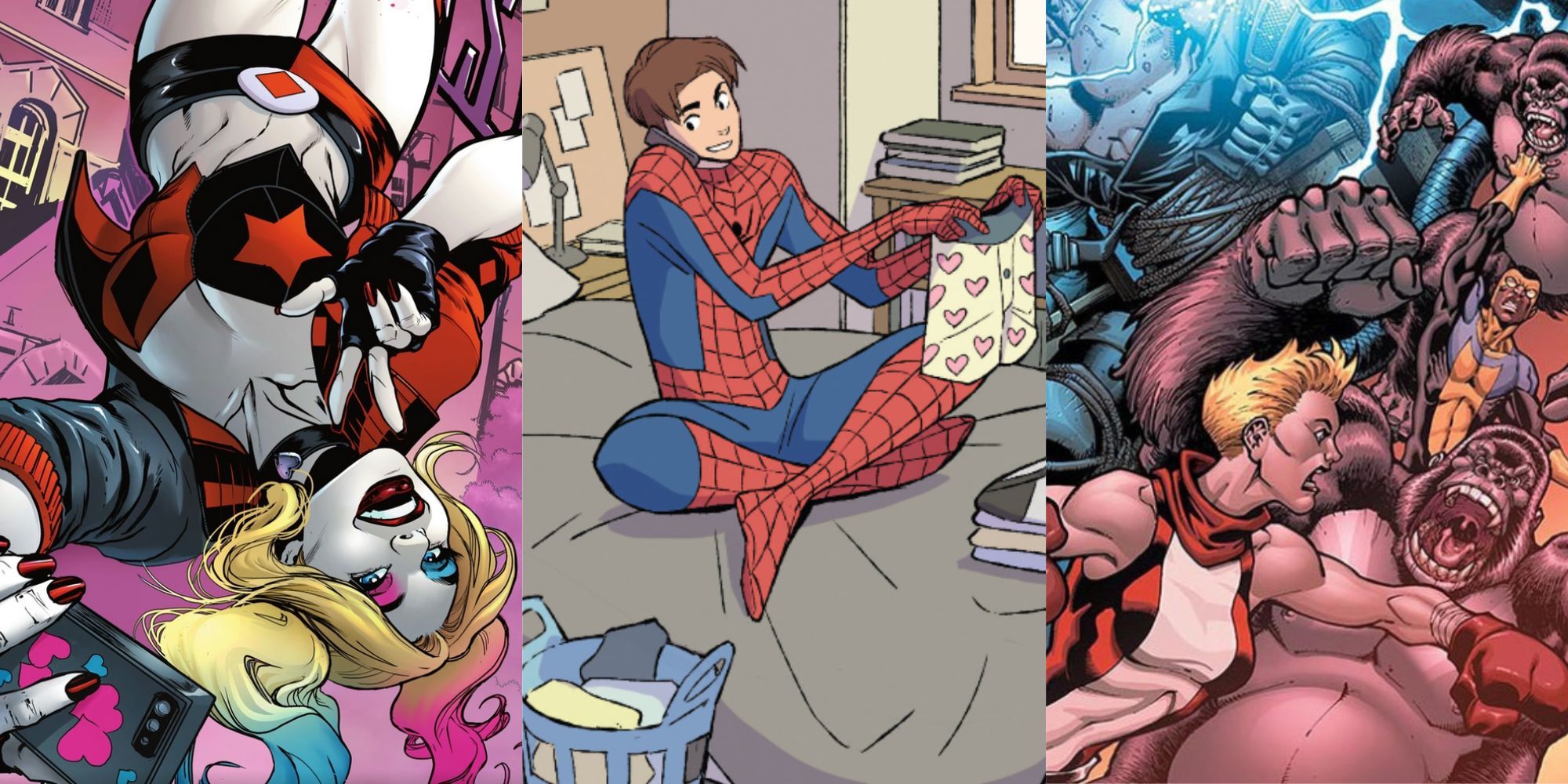 Three images of superheroes doing various actions