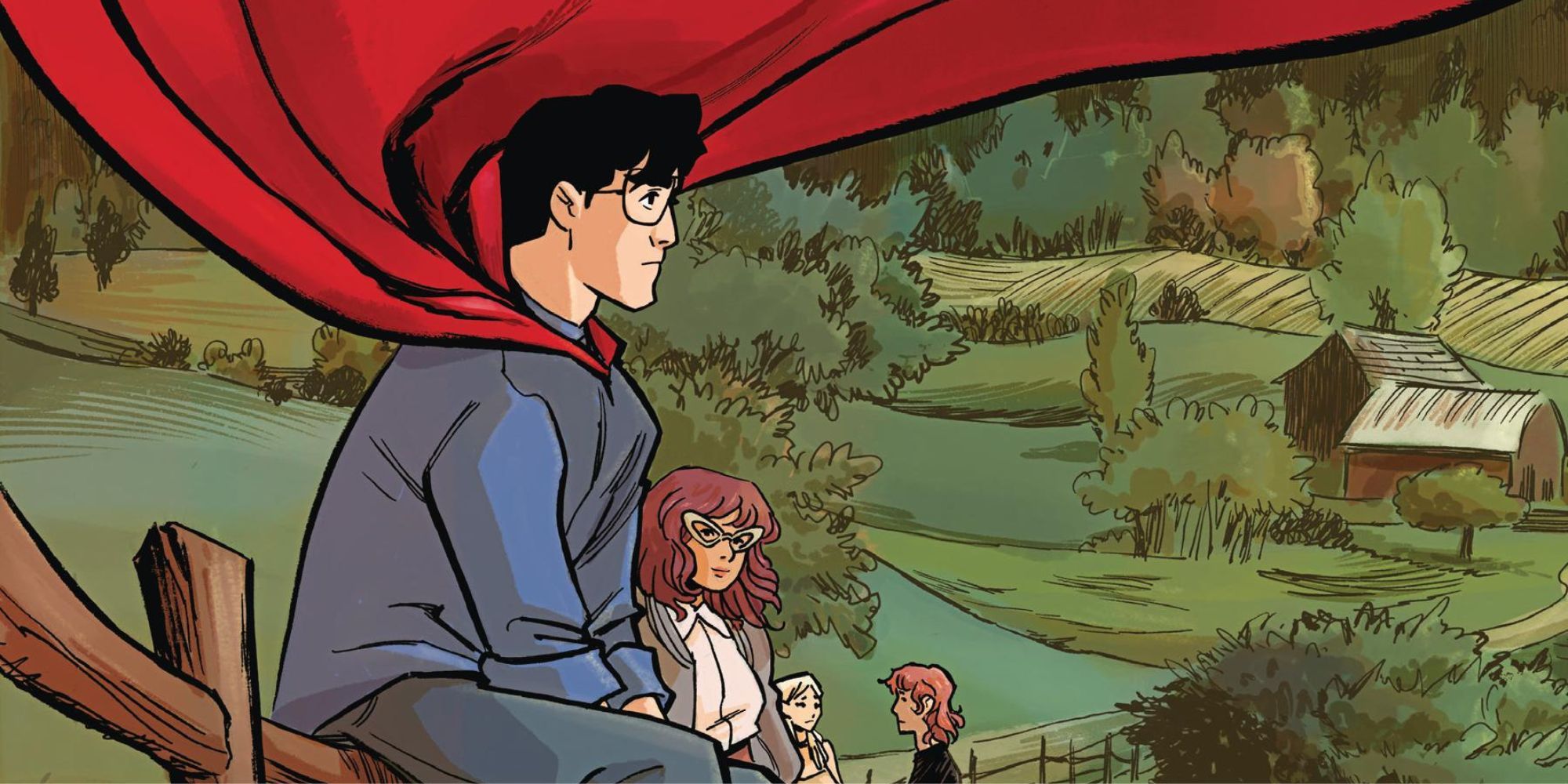 Art of Clark Kent on a farm staring out into the distance with a group of other young adults