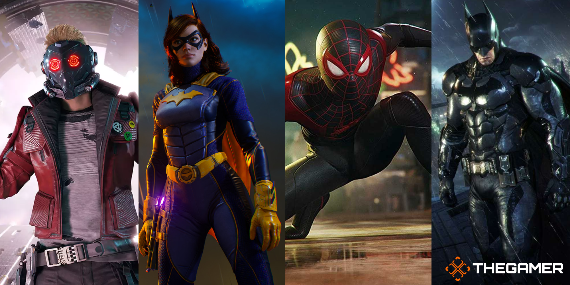 A split image of Star-Lord, Batgirl, Miles Morales Spider-Man, and Batman