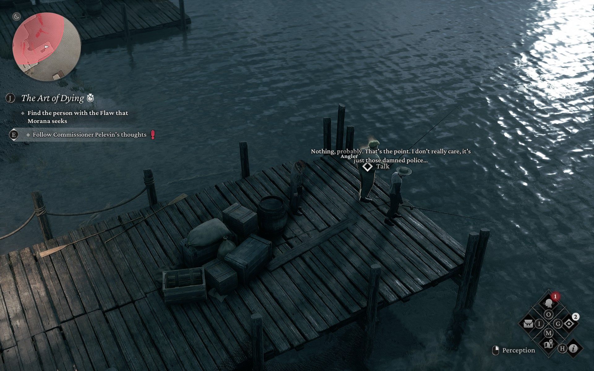 Two anglers standing on a dock as Wictor approaches them in The Thaumaturge.