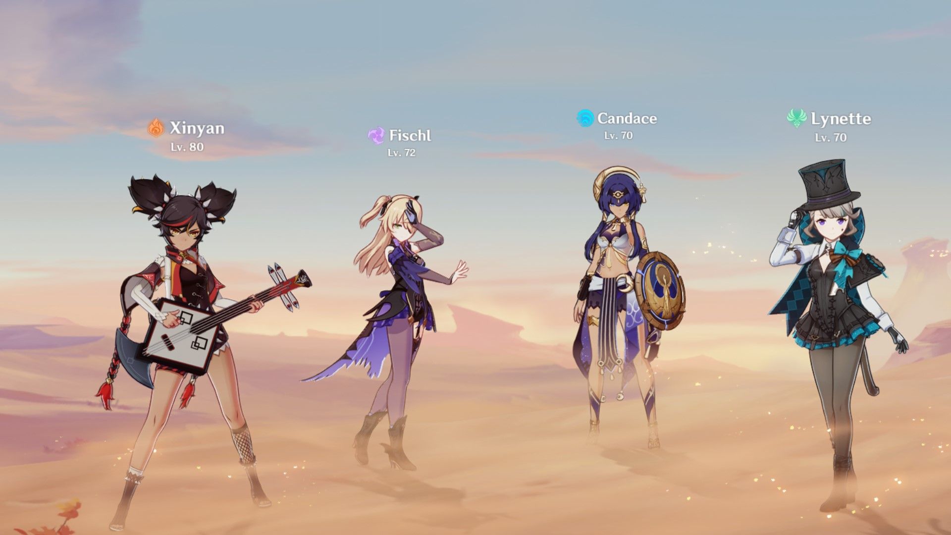 A Genshin Impact team made up of Xinyan, Fischl, Candace, and Lynette