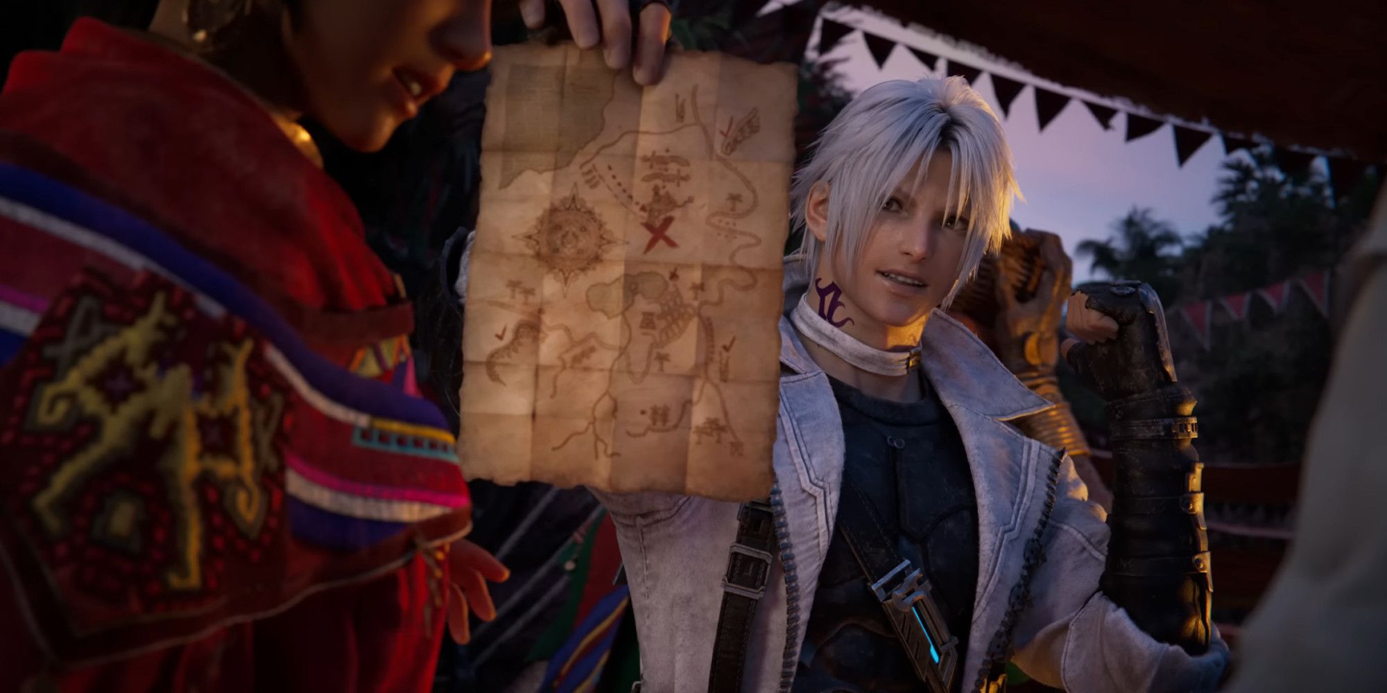 Thancred holding up a treasure map to a confused person in a busy marketplace