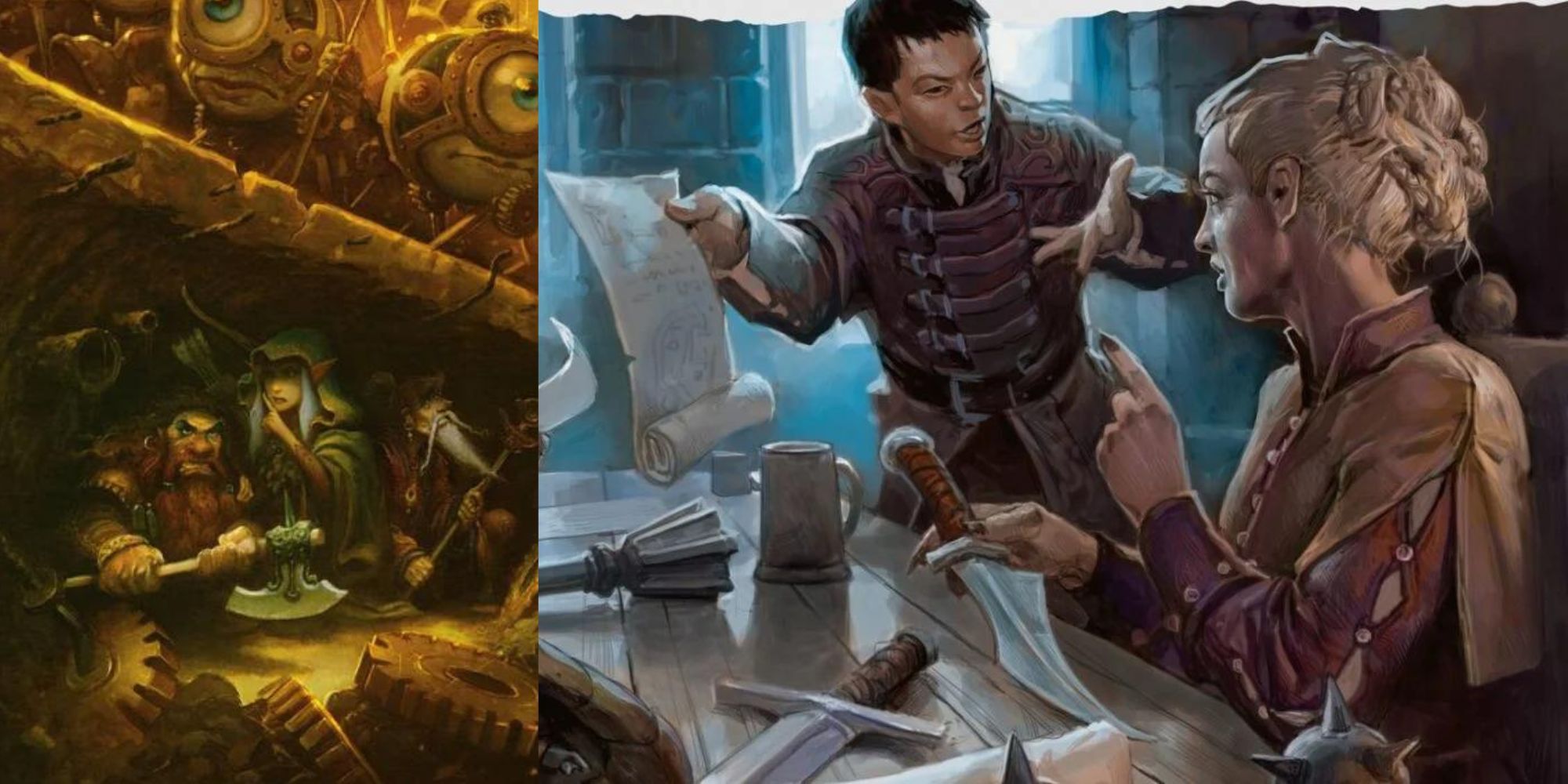 Split image of D&D characters discussing around a table and hiding from modrons