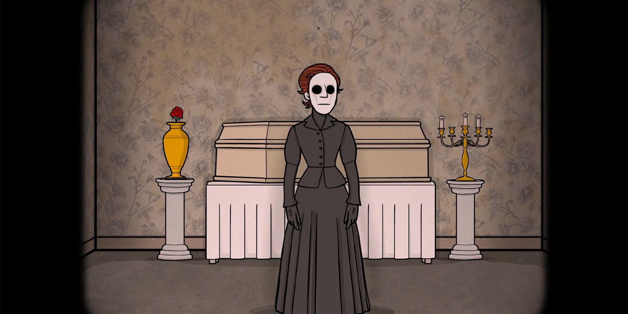 A mysterious woman in a mask stands in front of a coffin in The Past Within.