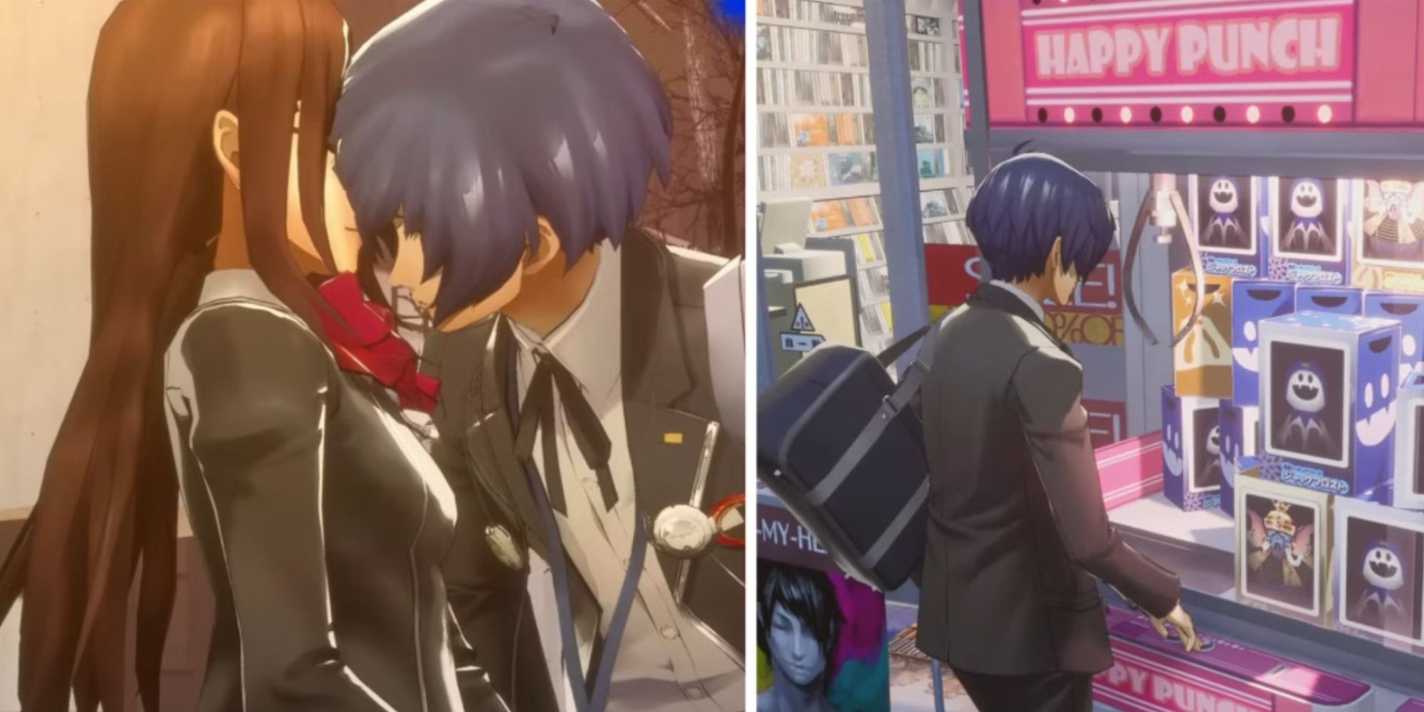 The persona 3 reload protagonist kisses a girl and he plays on a claw machine