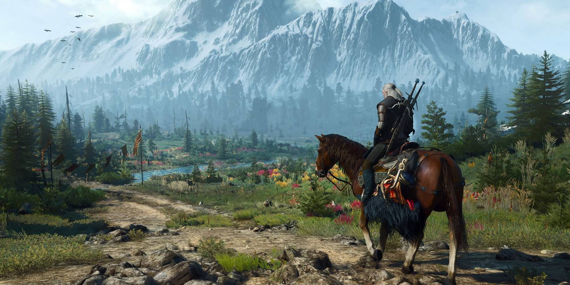 Geralt riding on Roach in a field in The Witcher 3