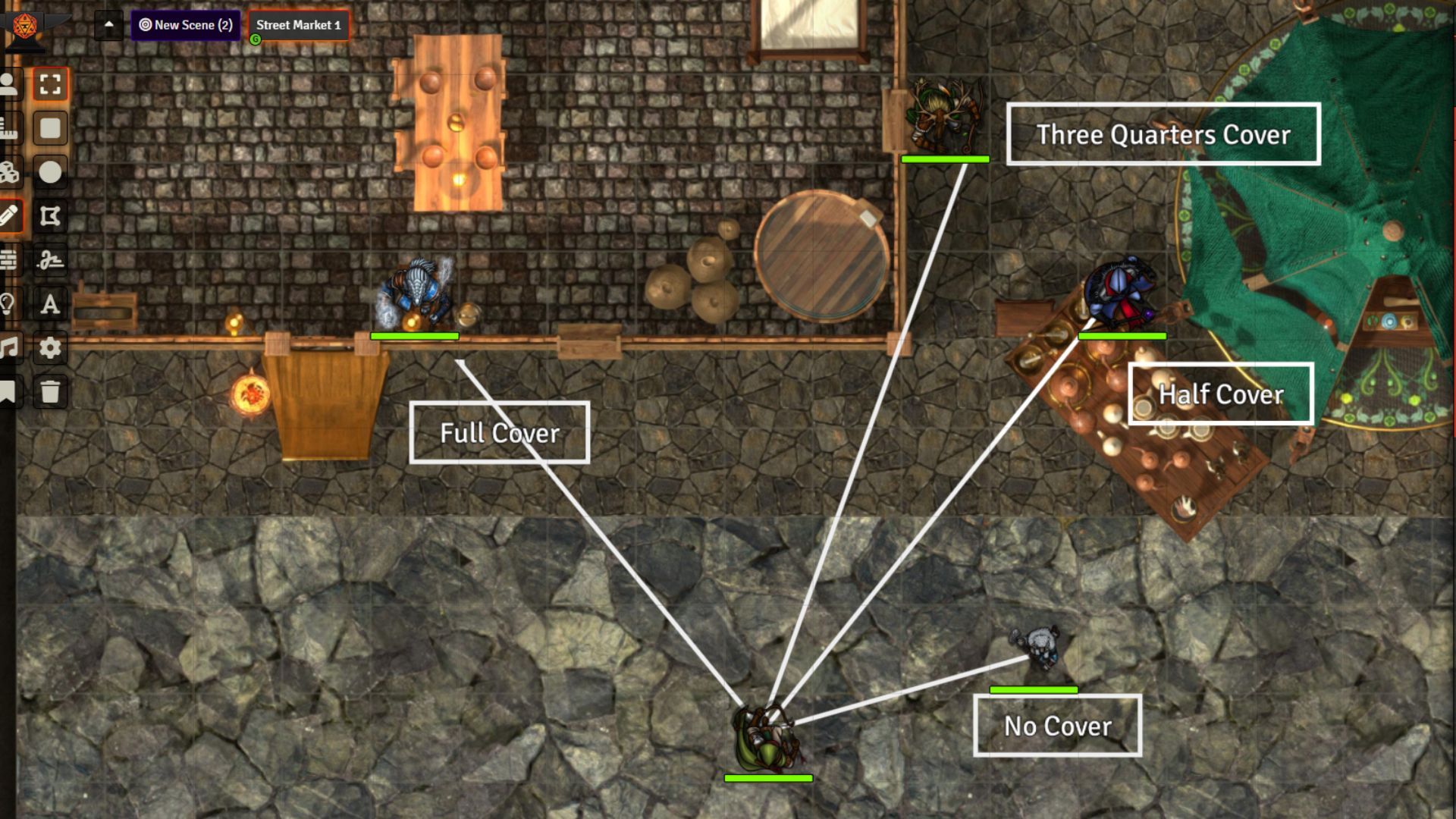 Foundry VTT Diagram of characters ranging from no cover to total cover, in Dungeons &amp; Dragons