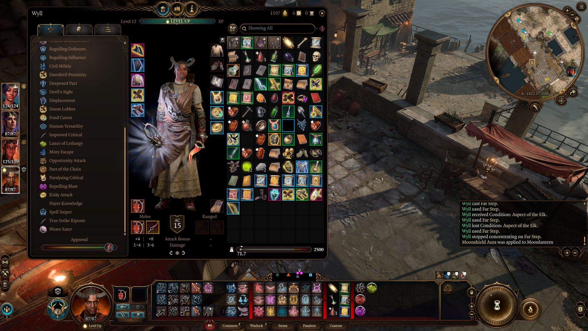 Wyll as a fey warlock in baldur's Gate 3, showing his inventory and equipped items