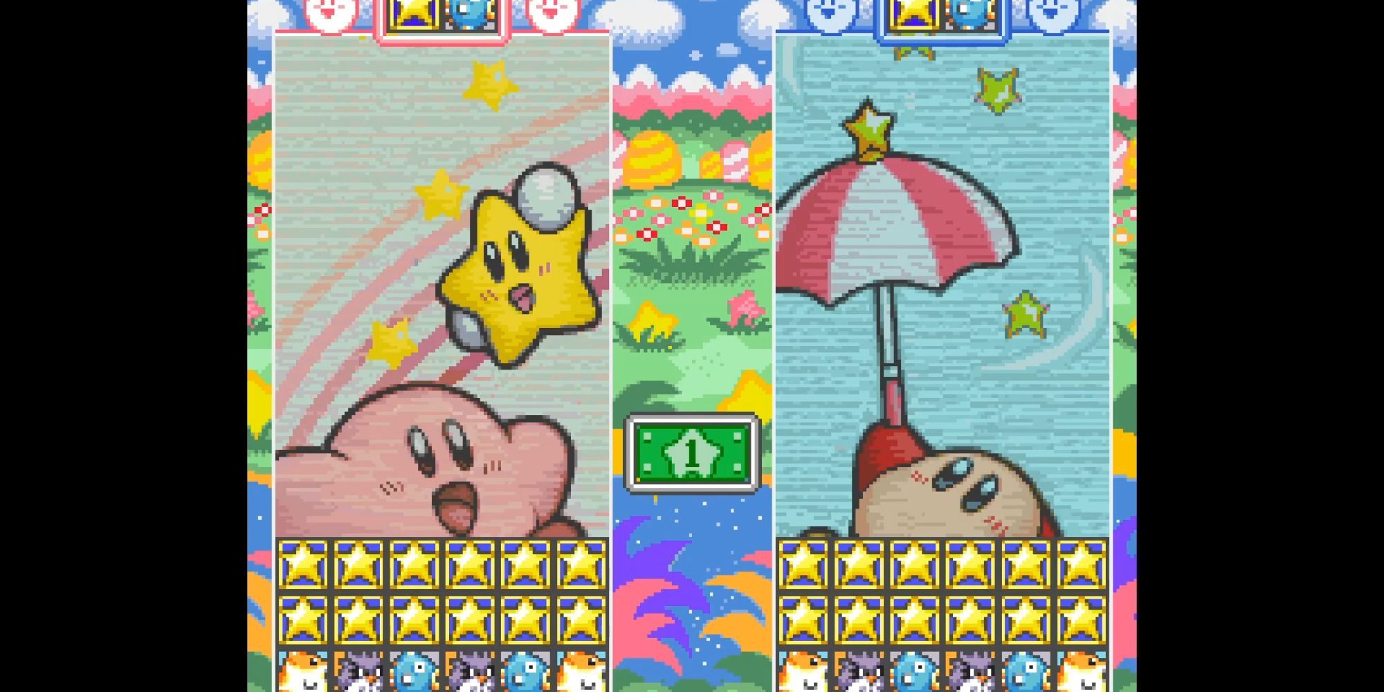 Kirby faces Waddle Dee in a Star Stacker match