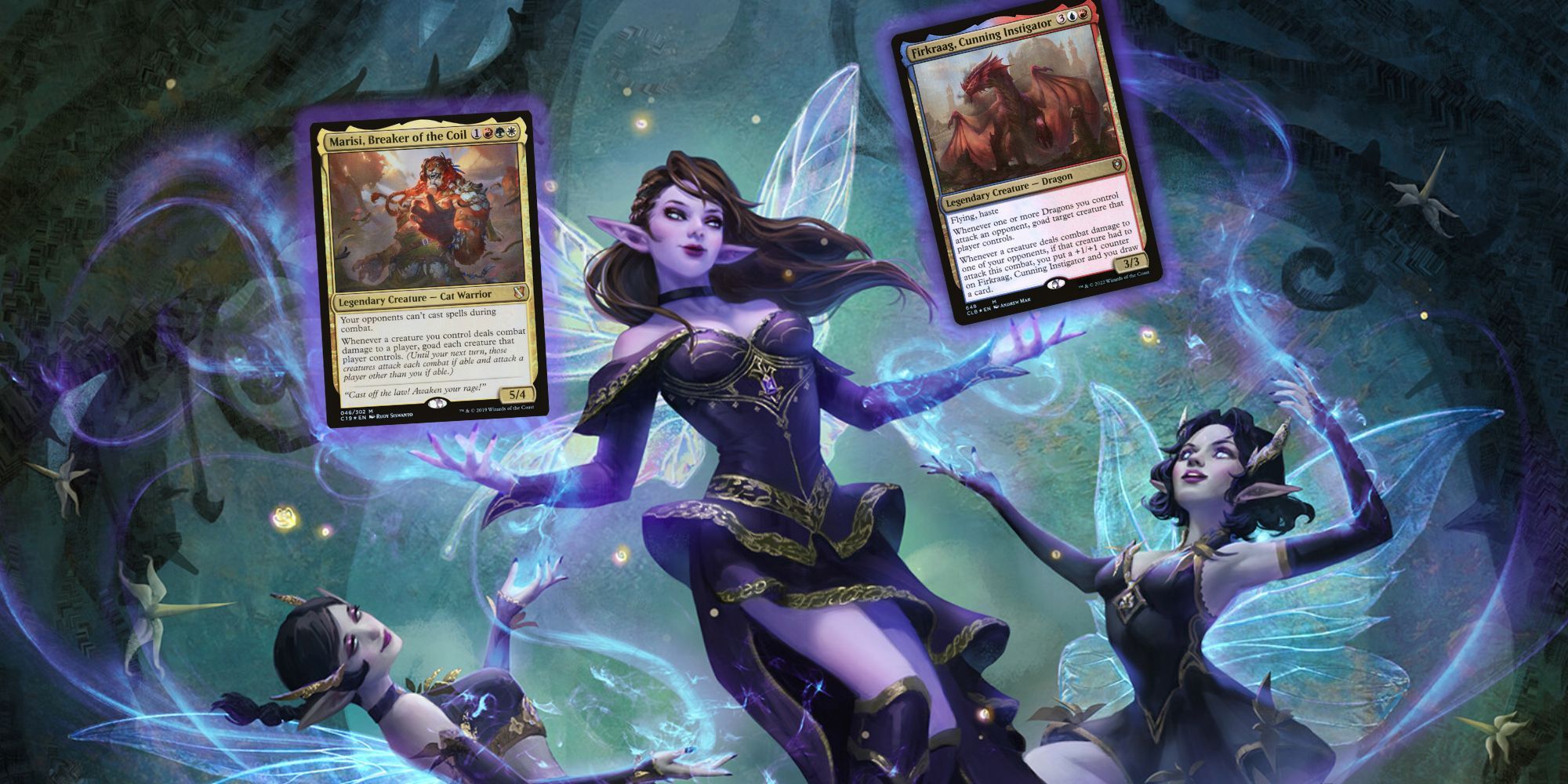 Magic: The Gathering card art for Alela, Cunning Conqueror, holding cards of Firkraag, Cunning Instigator and Marisi, Breaker of the Coil
